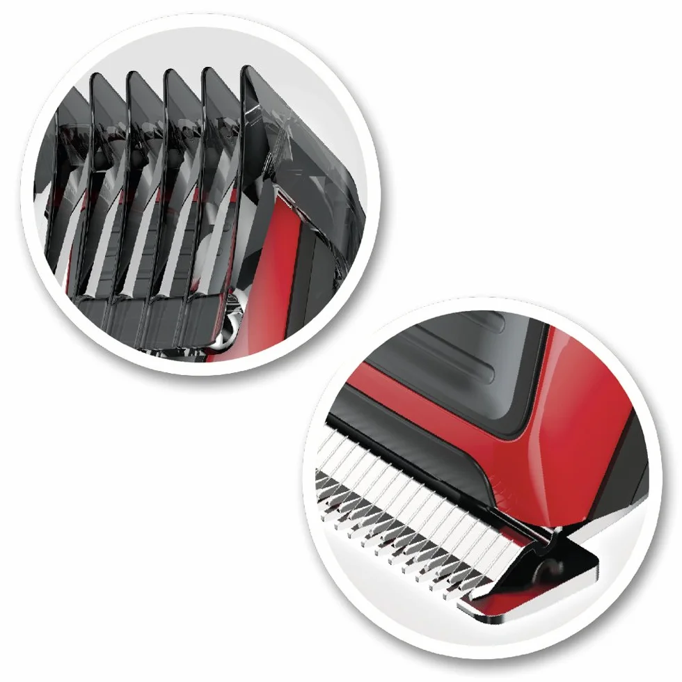 Remington maszynka do włosów, strzyżarka, samoostrzące się ostrza ze stali nierdzewnej, reg. długości 1-23mm, przewodowa, olejek i szczoteczka w zestawie, czerwona/szara, My Groom HC5100