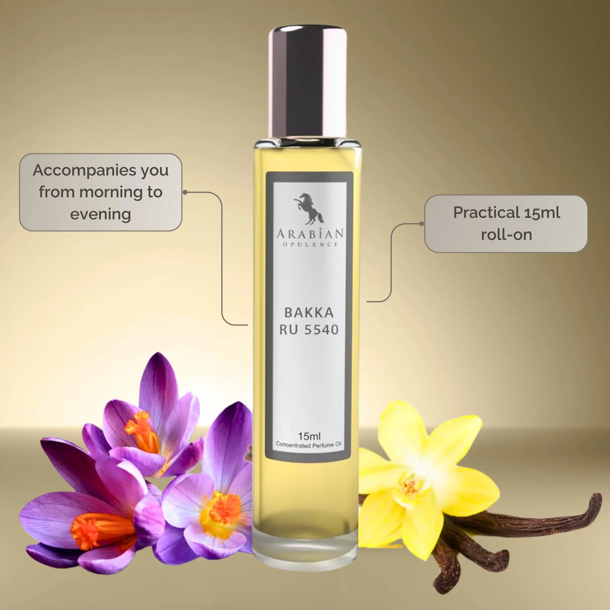 Arabian Opulence FR328 Bakka Ru 5540 Roll-on olejek perfumowany, skoncentrowany olejek do ciała, długotrwałe perfumy na bazie oleju, dla mężczyzn i kobiet, rozmiar podróżny, butelka bezalkoholowego