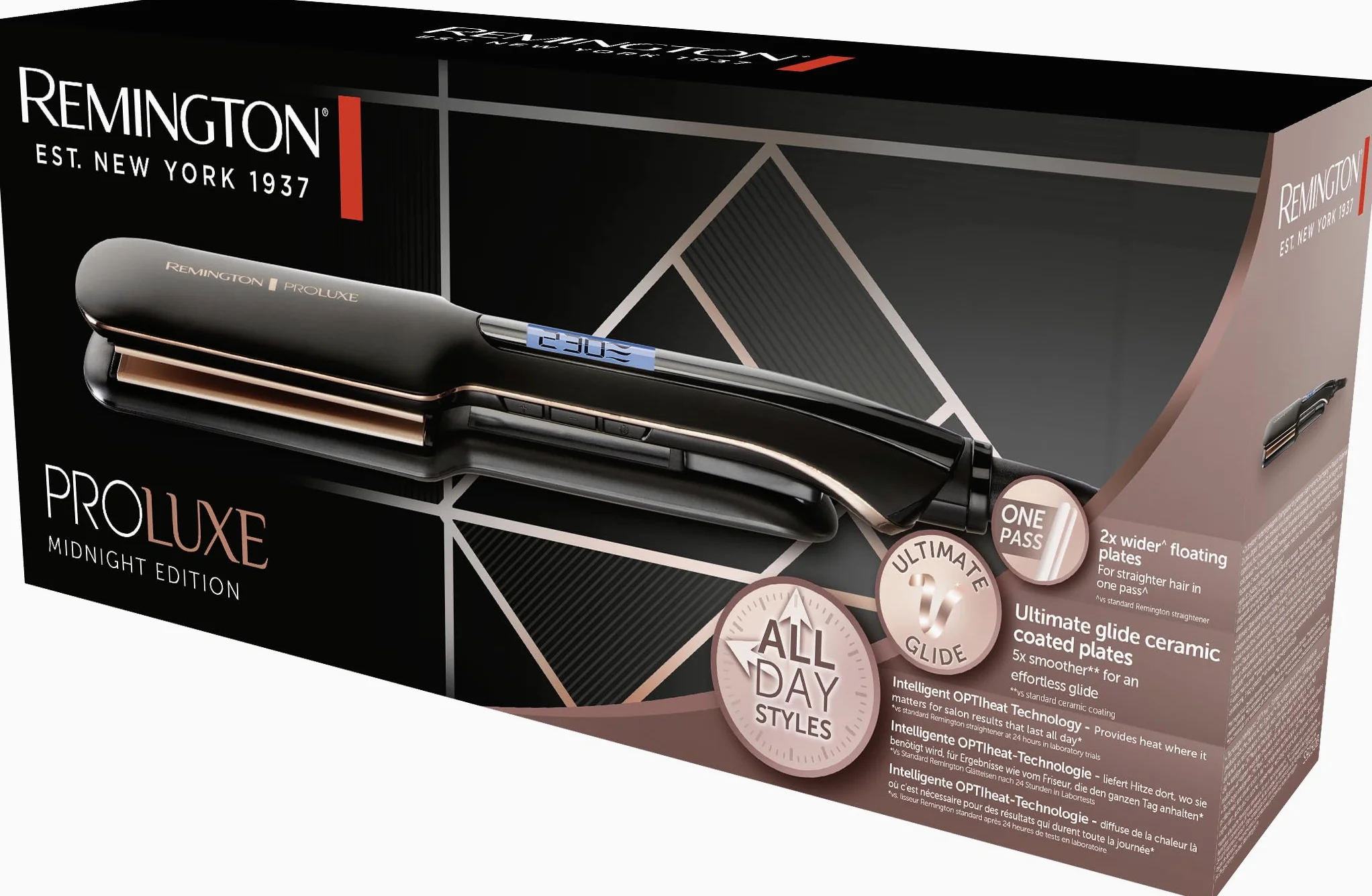 Remington prostownica do włosów, szerokie płytki, tech. OptiHeat utrwala fryzurę do 24h, ceramiczna, zakres temp. 150-230°C, LCD, szybkie nagrzewanie, przewód 3m, czarna, PROluxe Midnight Wide S9150B