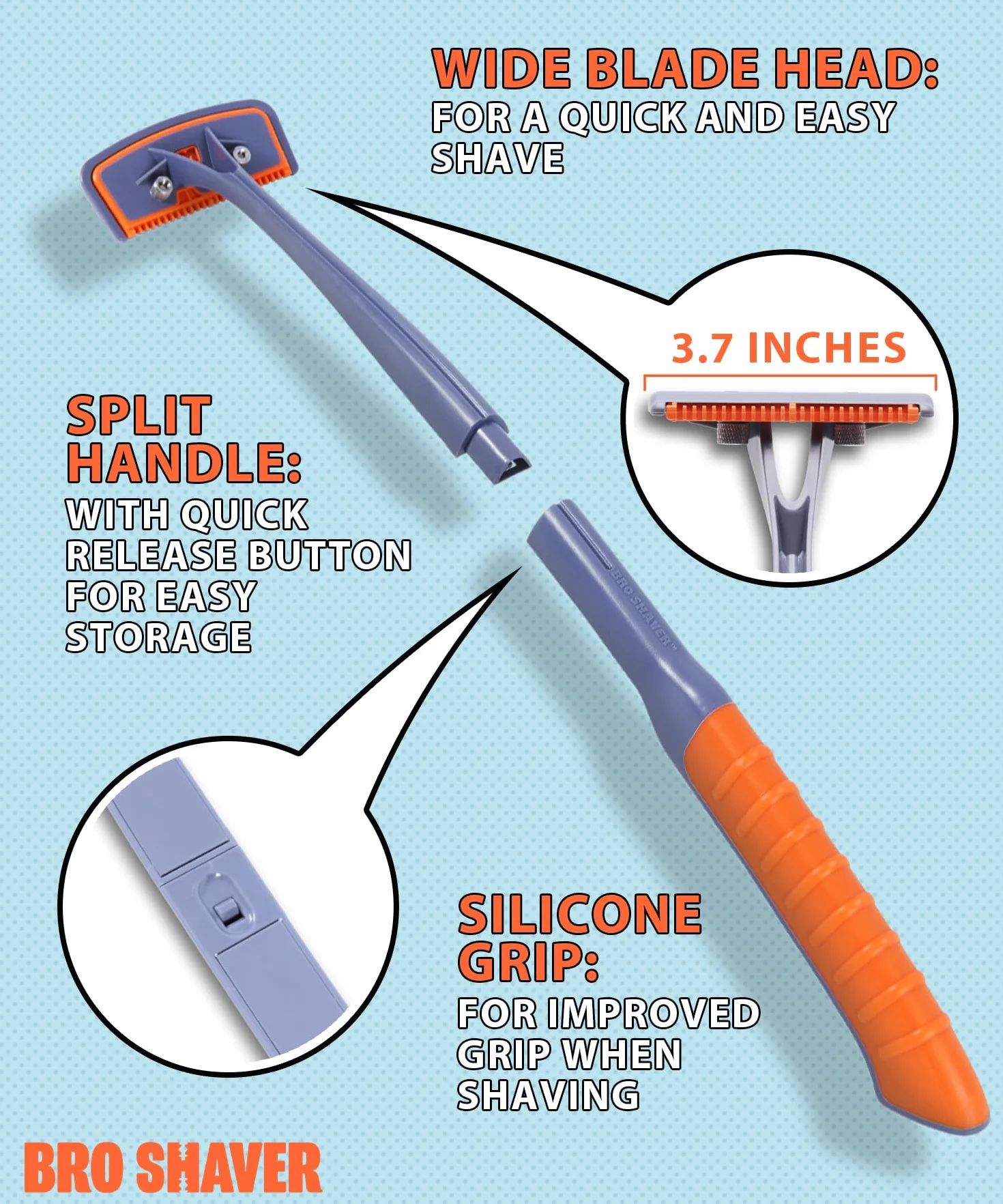 BroShaver 3.0 DIY trymer do włosów na plecach i ciele z 5 ostrzami – do golenia na mokro lub na sucho dla mężczyzn, maszynka do golenia z dzielonym uchwytem i ergonomicznym uchwytem