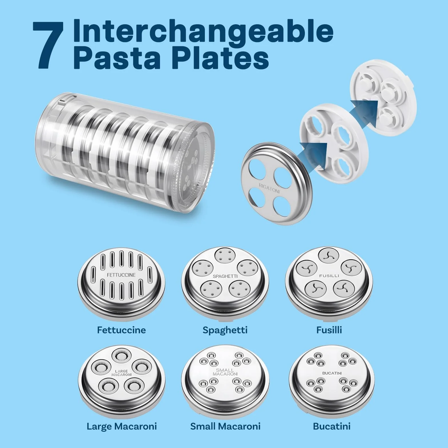 Prasa do Makaronu do Mikserów do KitchenAid od MMOBIEL – 7-w-1 Maszynka do Makaronu z 7 Wymiennymi Talerzami do Fusilli, Rigatoni, Spaghetti, Bucatini, Fettuccine i Makaronu Kolanka – Łatwa Instalacja