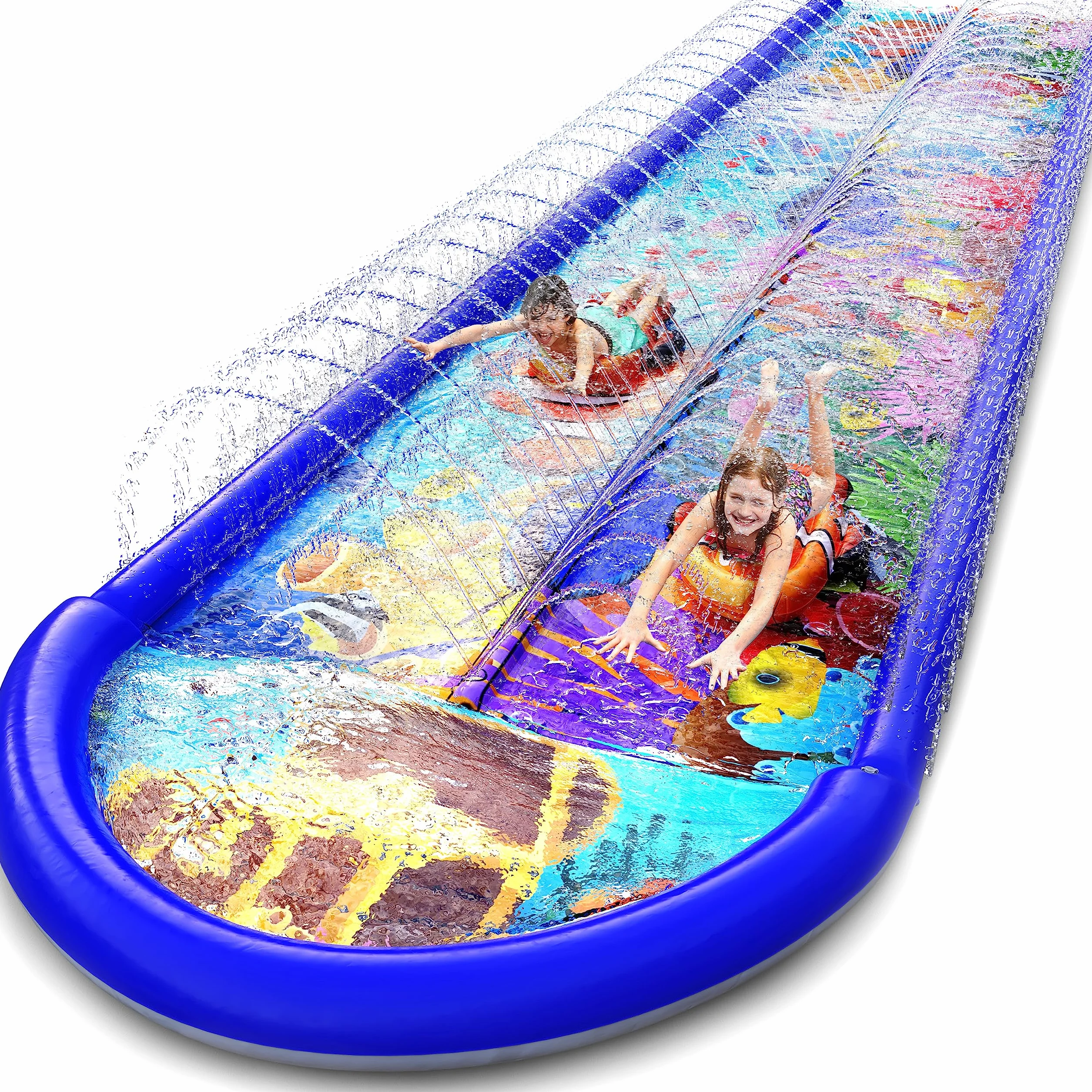 stargo Podwójna zjeżdżalnia podwodna, 5,5 m x 1,5 m, z ochroną przed pryskaniem i zraszaczem, zjeżdżalnia wodna z nadmuchiwanymi bodyboardami - zabawa dla dzieci