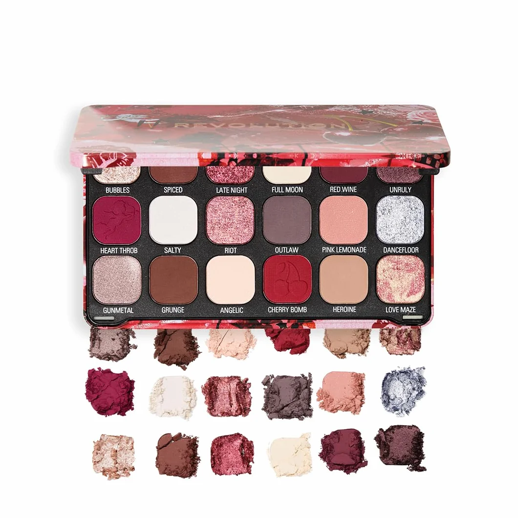 Revolution Beauty Forever Flawless paleta cieni do powiek, 18 pigmentowanych matowych i błyszczących kolorów, wegańskie i nieokrutne, Cherry Rebel