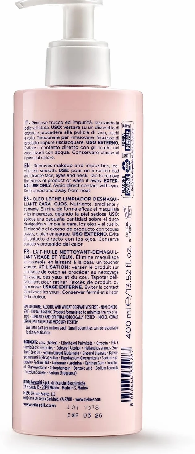 Rilastil Codzienna pielęgnacja twarzy i oczu Olejek do oczyszczania mleka, pielęgnujący środek czyszczący dla wrażliwej i suchej skóry, Soothing and Soothing with Shea Butter, Hyaluronic acid, 400 ml