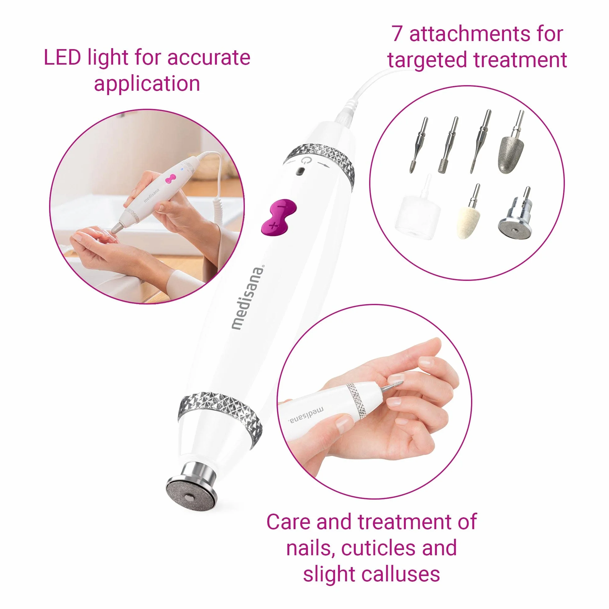 Medisana MP 840 elektryczny zestaw do manicure i pedicure 7 przystawek 3 prędkości