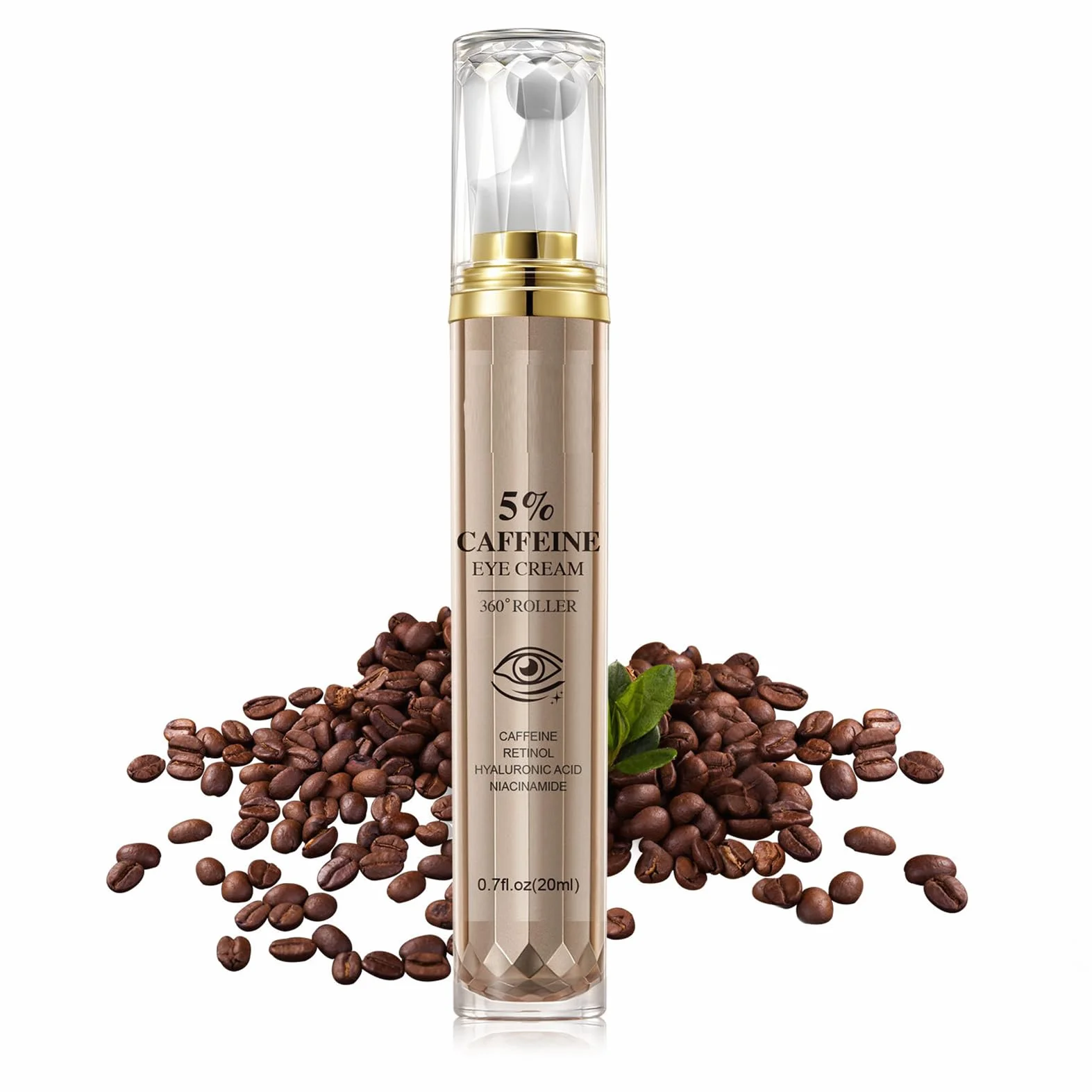 Serum do oczu z kofeiną, krem pod oczy przeciwko obrzękom i cieniami, serum przeciwstarzeniowe z 360° kulką do masażu, serum eliminujące cienie pod oczami – pielęgnacja oczu zmniejszająca worki pod