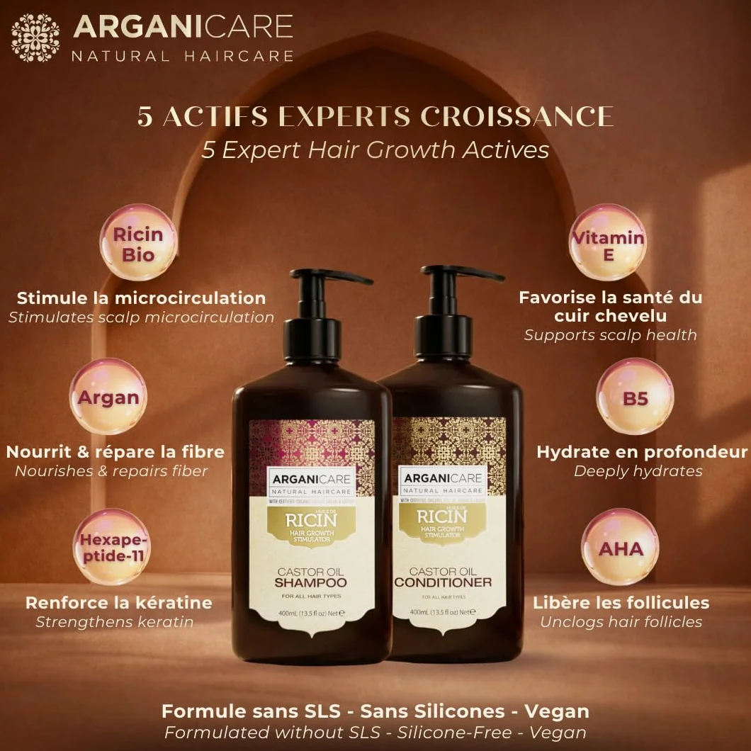 ARGANICARE | Zestaw Duo Ricin | Szampon + Odżywka Wzrost & Wzmocnienie | Wszystkie rodzaje włosów |.Siła i Nawilżenie | 2 x 400 ml