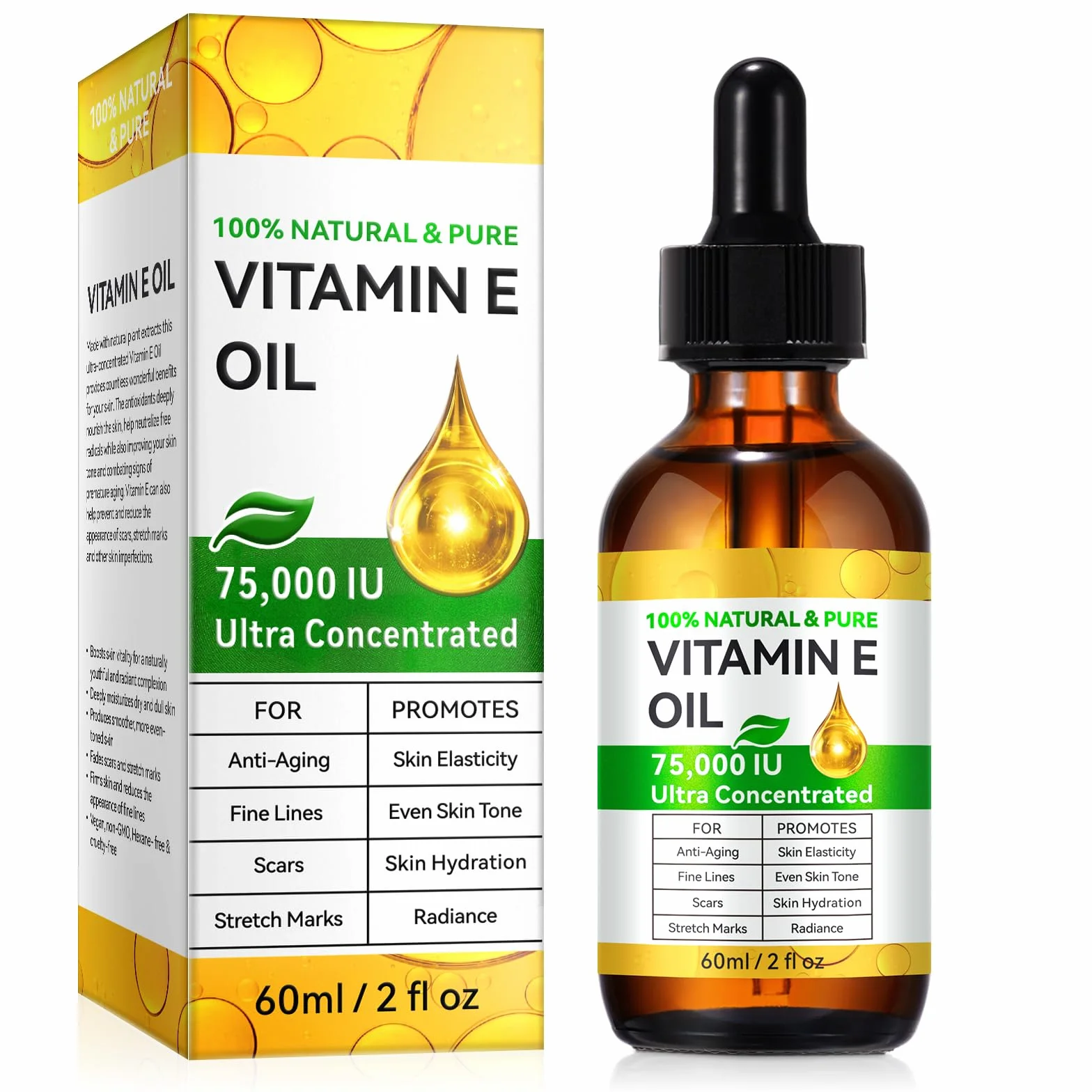 Czysty olejek z witaminą E do skóry i włosów 100% naturalny 75 000 IU 2 Fl Oz nawilża naprawia chroni nietłusty tłoczony na zimno