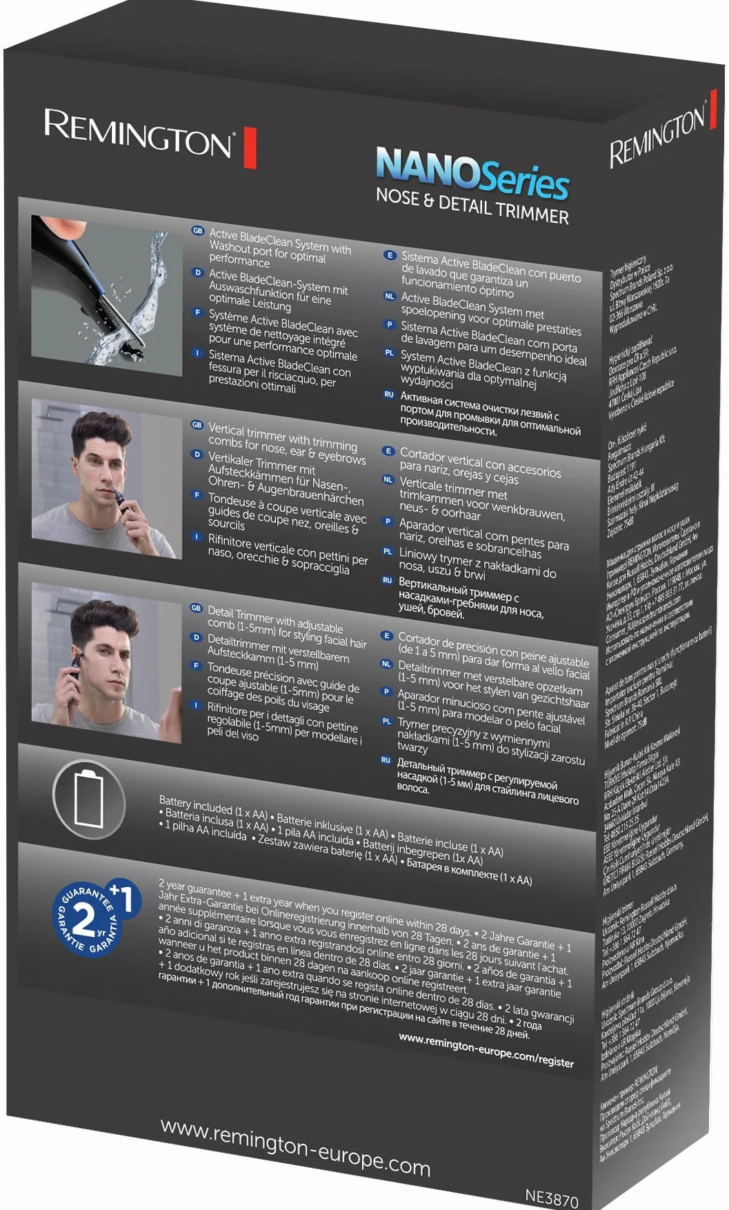 Remington trymer do nosa, uszu i brwi, stalowe ostrza Advanced Steel, trymer liniowy, na baterie 1x AAA, możliwośc mycia pod bieżącą wodą, czarny, Hygiene Clipper Lithium NanoSeries NE3870