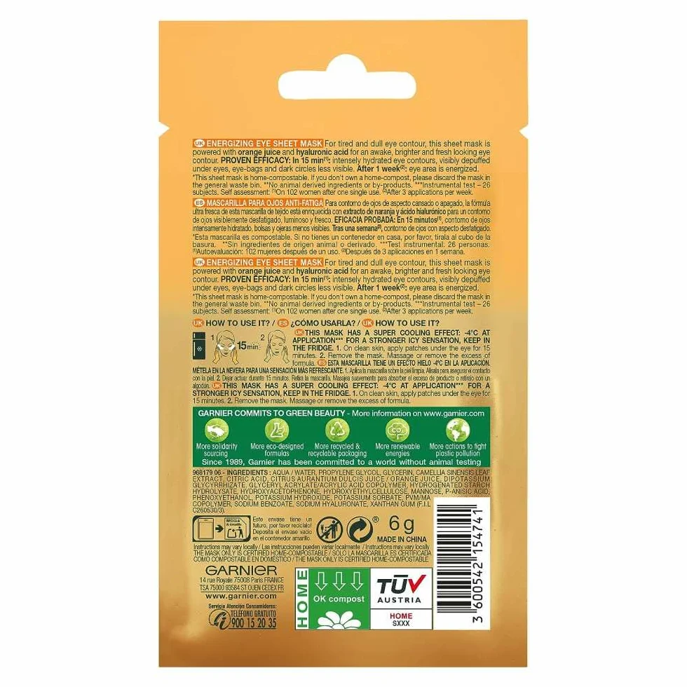 Garnier Skin Naturals Moisture+ Fresh Look Maska pod oczy z sokiem z pomarańczy i kwasem hialuronowym, 28 g