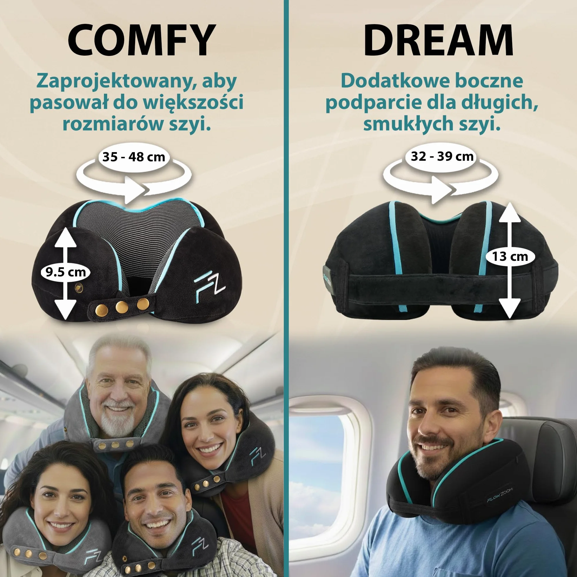 FLOWZOOM Comfy Poduszka Podróżna z Pianki Memory do Samolotu i Auta – Regulowany Zagłówek ze Wsparciem 360°, Miękki Zmywalny Pokrowiec z Pluszu i Kompaktowy Worek – Czarny