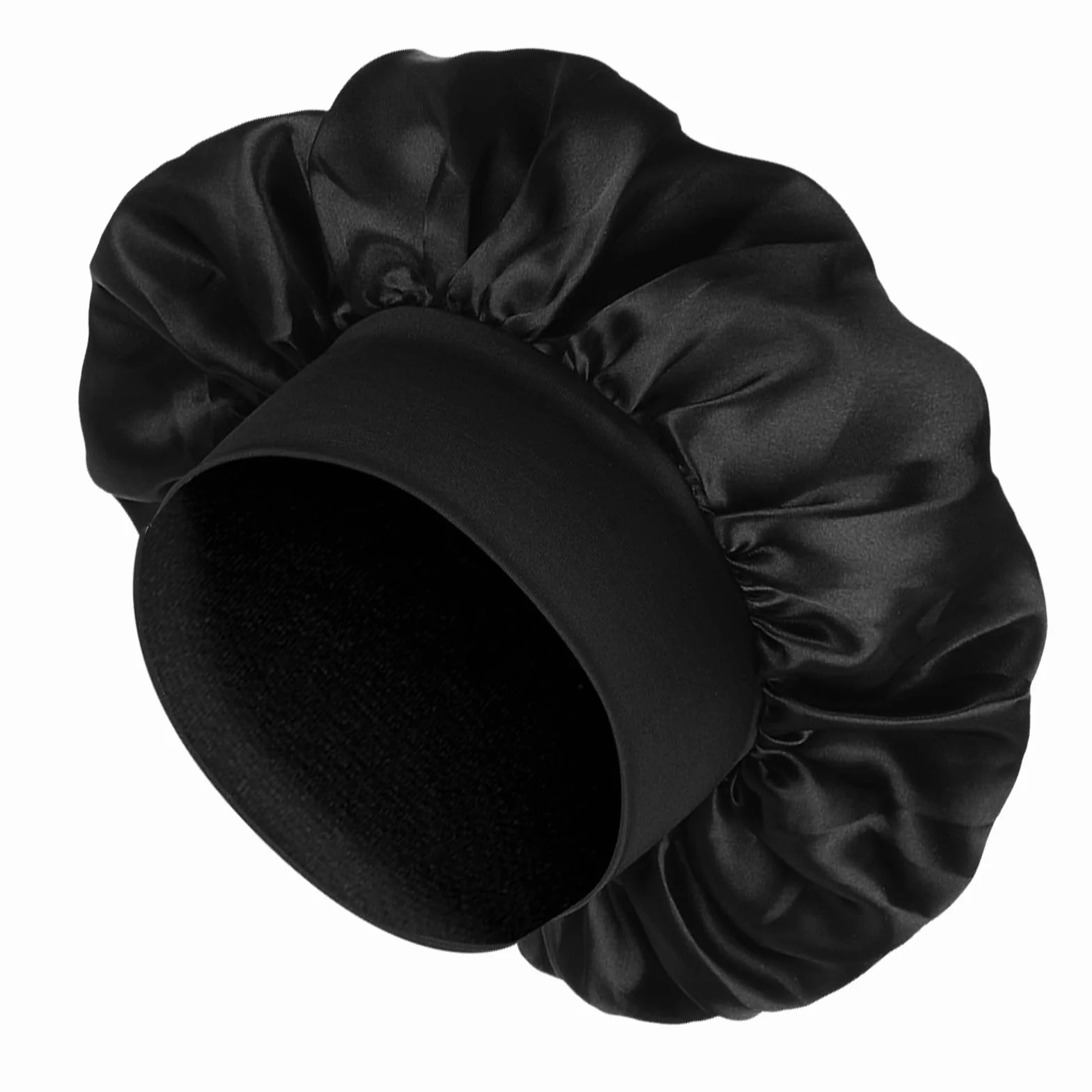 COMNICO Jedwabna czapka do spania, satynowa bonnet, dwuwarstwowy czepek jedwabny, czapka nocna, regulowana, dwustronna, szeroka miękka tasiemka, do kręconych włosów, jedwabny czepek, czarny, jeden