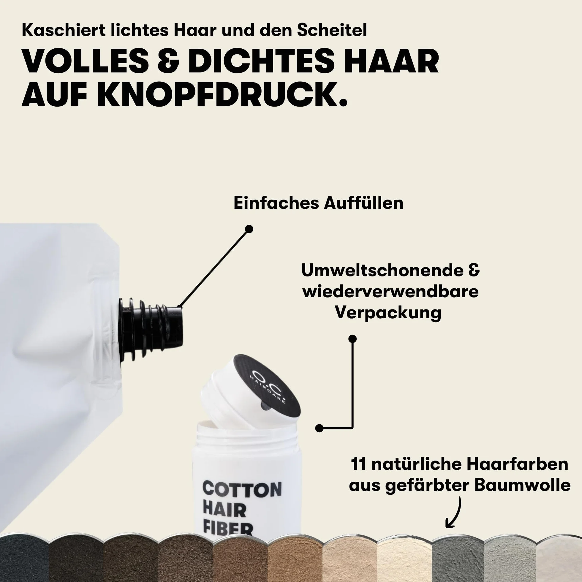 O.C. HAIRCARE Woreczek uzupełniający do zagęszczania włosów – do przedziałków, łysych miejsc w górnej i tylnej części głowy – polecany przez wiodące salony – 11 kolorów – wytrzymałe włosy do