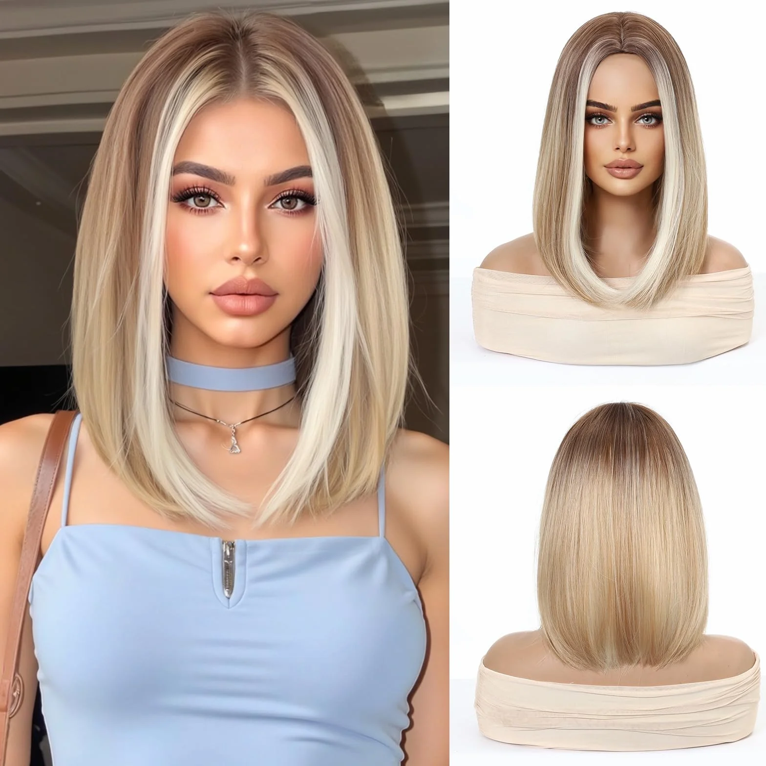 Esmee Krótka Prosta Blond Bob Peruka dla Kobiet Naturalne Syntetyczne Włosy Ombre Peruki z Brązowymi Korzeniami Cosplay Codzienne Użycie Imprezy -14 Cali