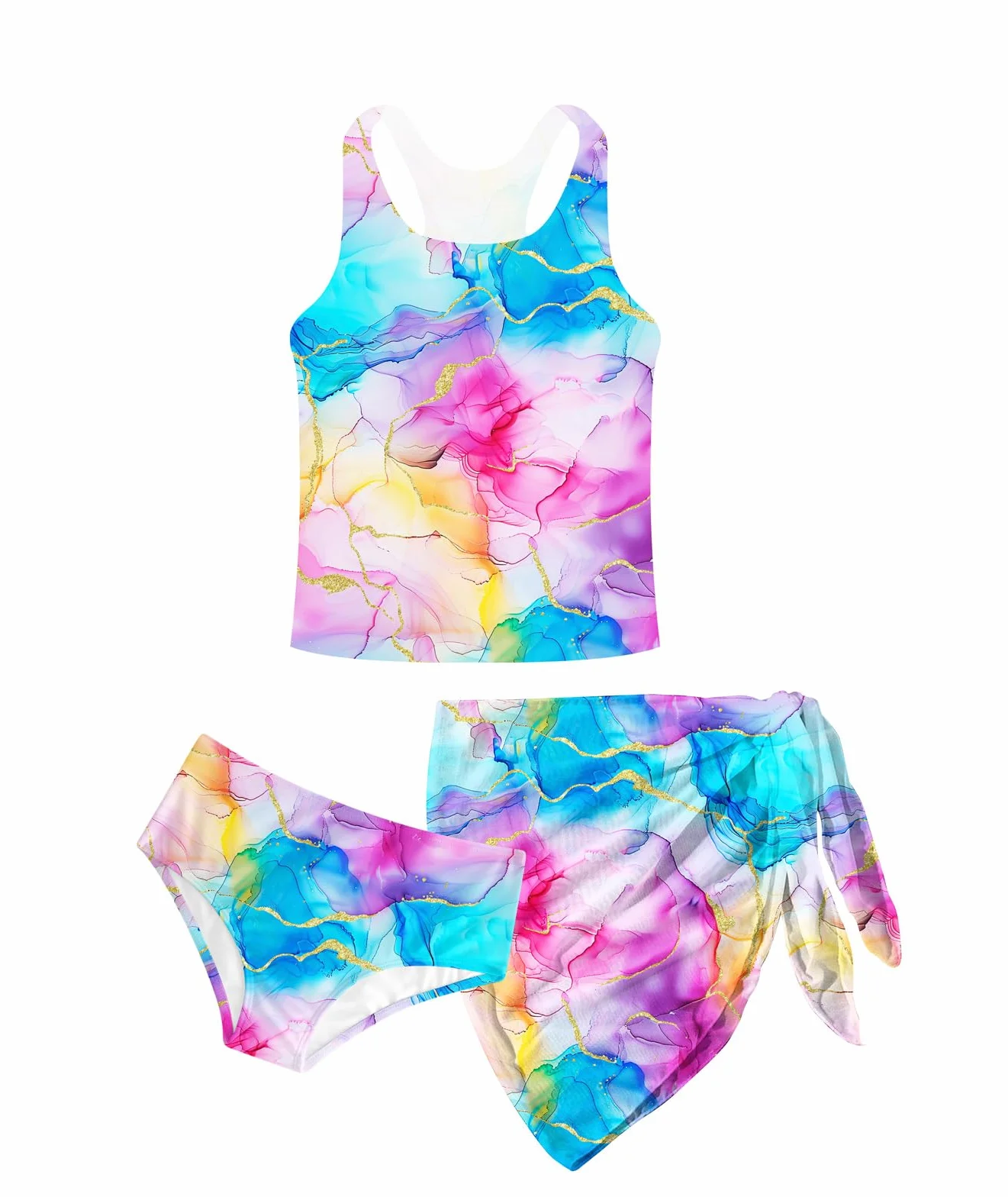 Kids4ever Dziewczęcy kostium kąpielowy 3 szt. dziewczęcy zestaw bikini letnie hawajskie nadruki kostium kąpielowy dla dzieci tankini z okryciem kostiumy kąpielowe wakacje surfing dla 8-14 lat