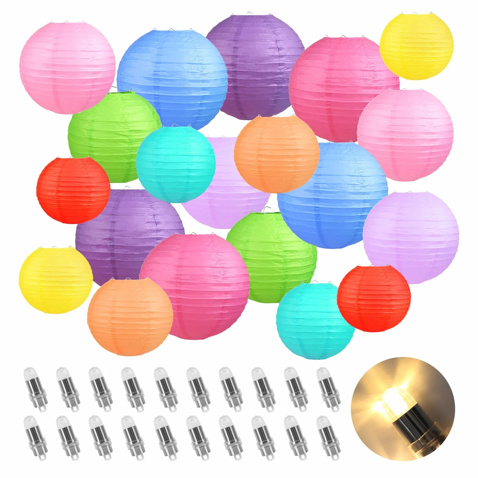20 kolorowych papierowych latarenek z mini diodami LED