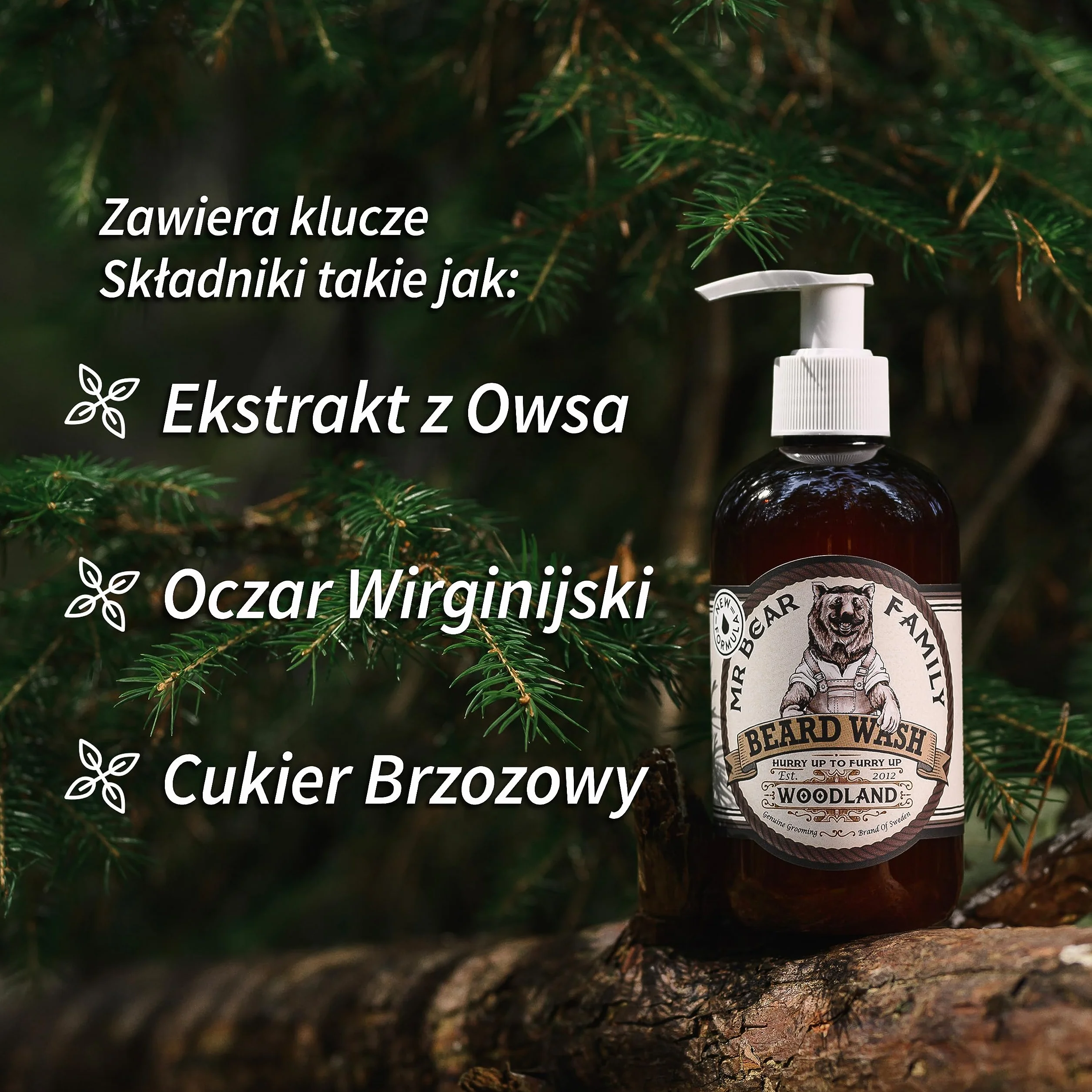 Naturalny szampon do brody dla mężczyzn – odżywczy wegański płyn do mycia brody zawiera ekstrakt z owsa przeciw świądowi brody przeciw zarostowi + kojący oczar wirginijski + witamina E dla pełniejszego, zdrowszego zarostu – Woodland 250ml