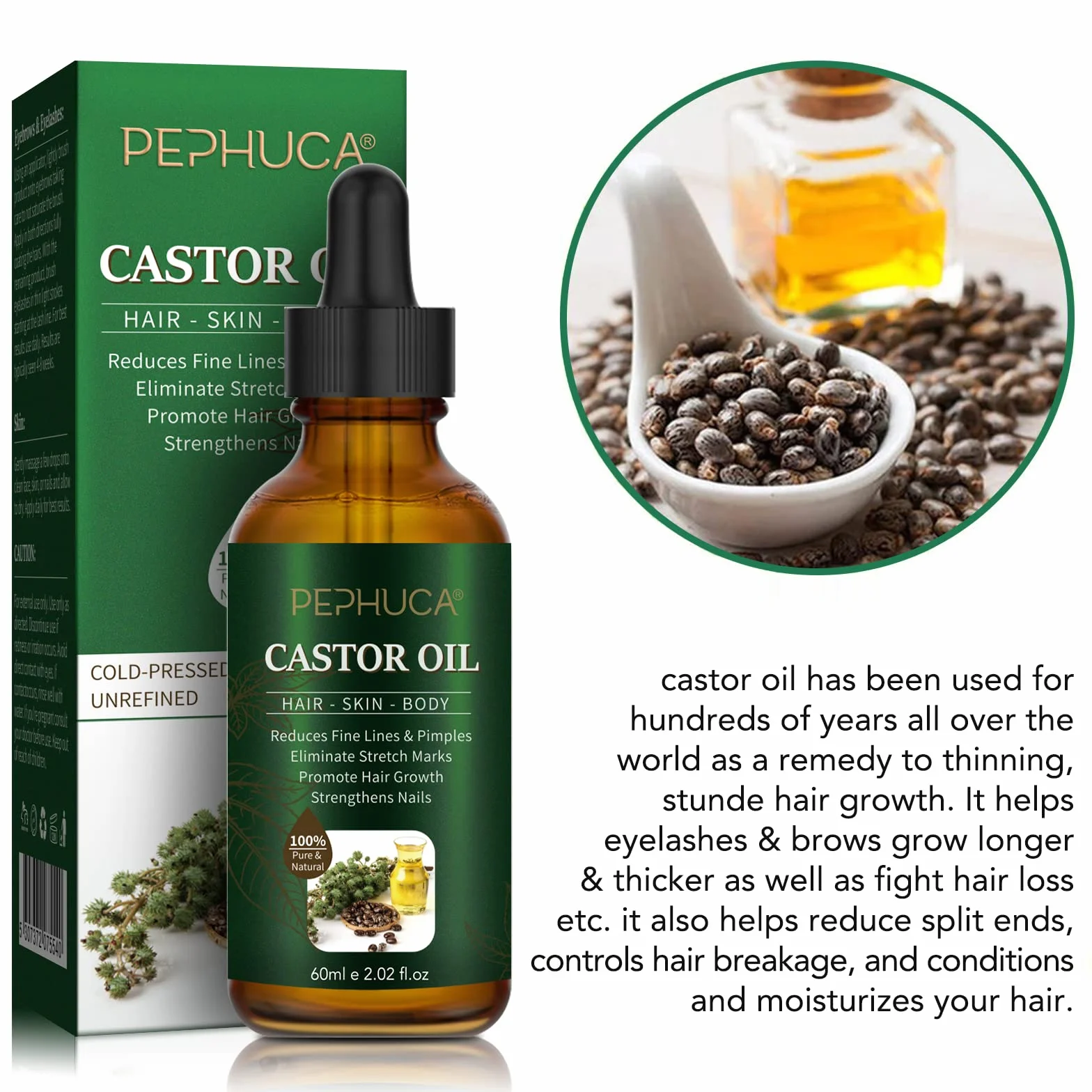 Olej rycynowy – Bio Castor Oil do włosów, rzęs, brwi, brody, paznokci, 100% czysty i naturalnie tłoczony na zimno, stosowany do wzrostu włosów, krem nawilżający i serum do rzęs, 60 ml