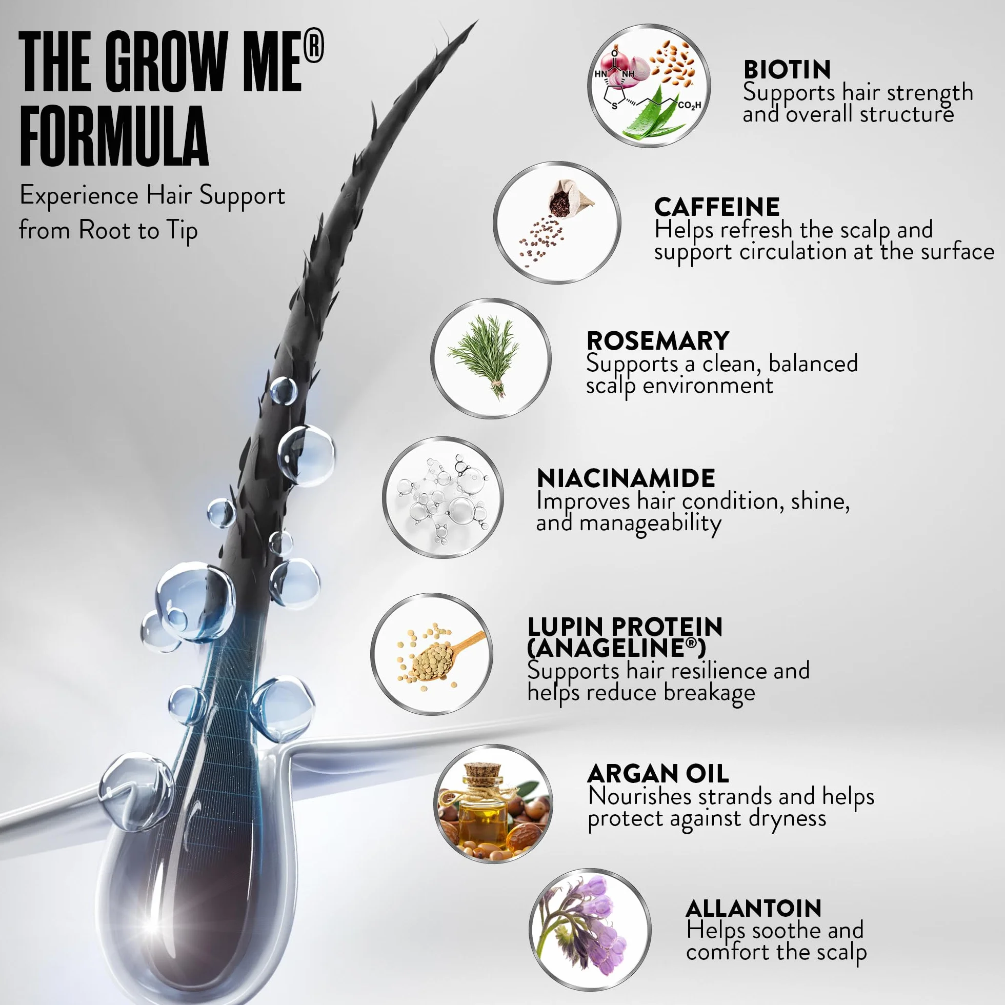 Szampon Grow Me® Hair Growth, bez siarczanów, wegański, z kofeiną, biotyną, olejem arganowym, alantoiną i rozmarynem. Stymuluje wzrost włosów, idealny dla wolno rosnących włosów u mężczyzn i kobiet.