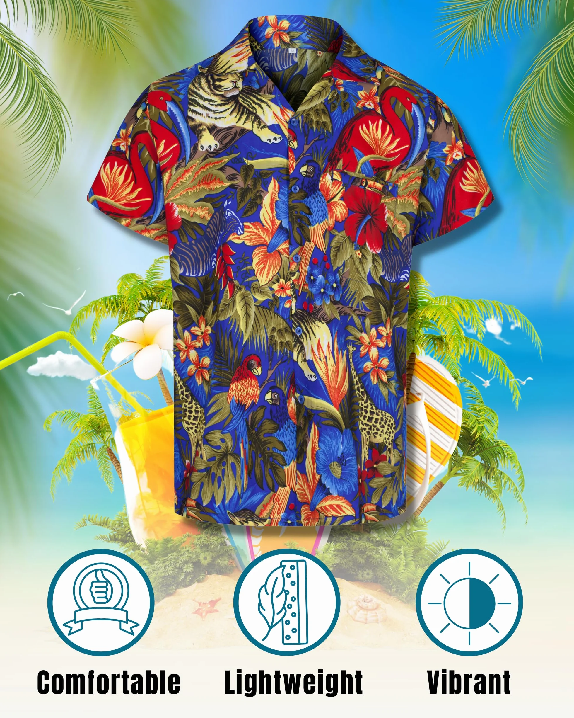 Hawaii Hemd Männer – Kurzarmhemd Herren – Magnum Hawaiihemd Kurzarm –Leichtes Sommerhemd mit Dschungel-Print als Mallorca Party Outfit, Sommerparty oder Festival Outfit, Dart Shirt