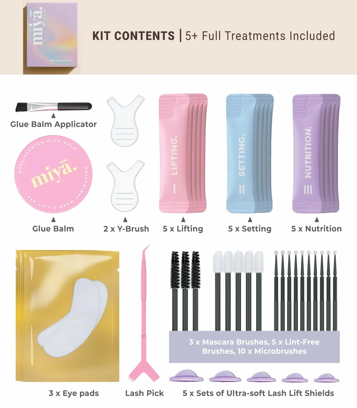 MIYA LASH Zestaw do laminowania rzęs i brwi z balsamem klejowym | seria AURA | 2 w 1 eyelash Perm & Brow Lift | indywidualnie zapakowane saszetki z narzędziami | Rezultaty obciążenia do 6 tygodni