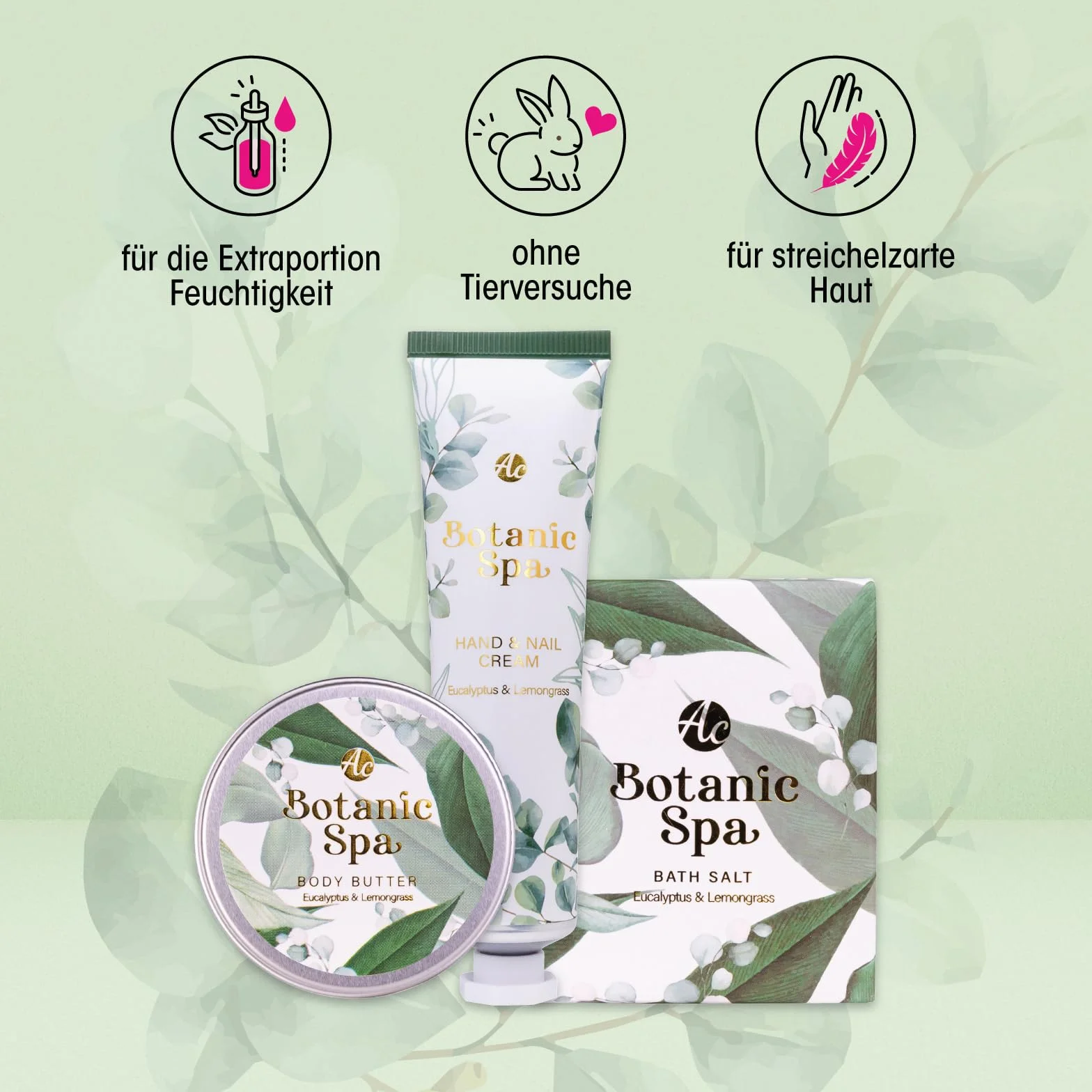 Accentra BOTANIC SPA zestaw do kąpieli, zestaw upominkowy dla kobiet, w pięknym pudełku prezentowym – 3-częściowy zestaw do pielęgnacji z kremem do rąk, masłem do ciała i solami do kąpieli – zestaw na