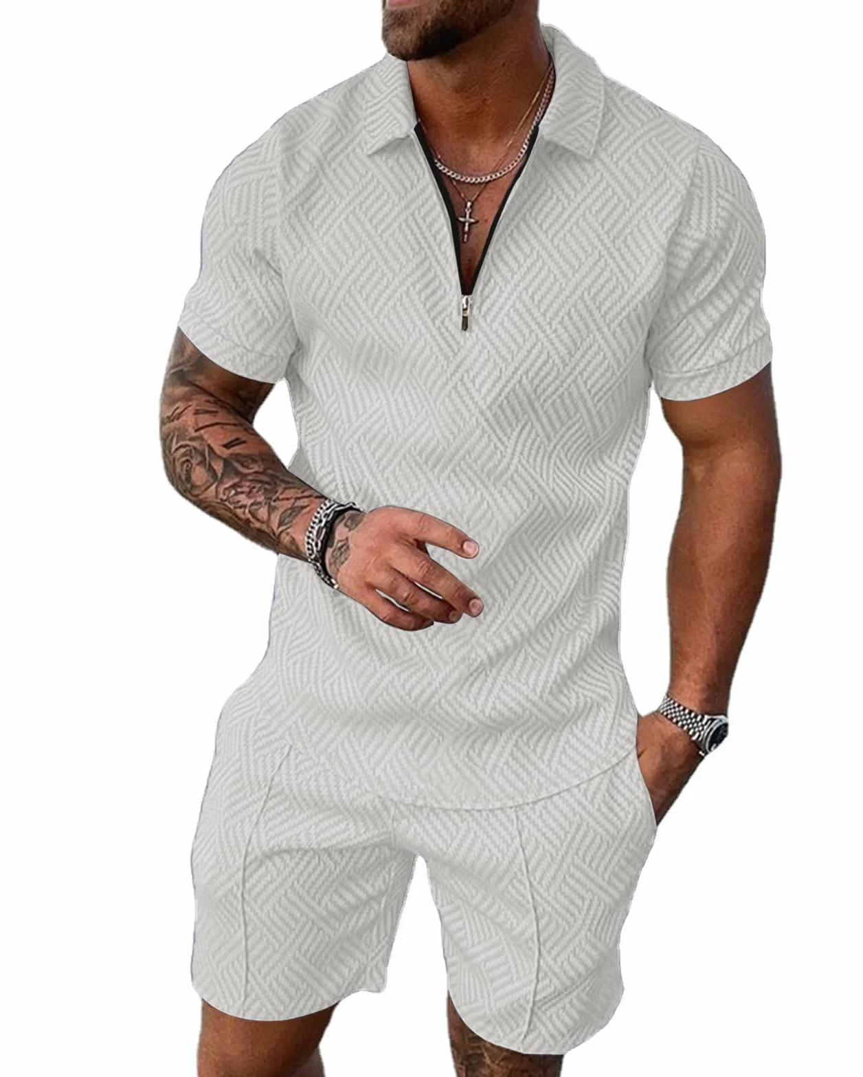 Hoefirm Męski dres polo z krótkim rękawem, zestaw, zamek błyskawiczny, joggery, siłownia, top na co dzień, bieganie, sport, odzież sportowa, 2-częściowe spodnie garniturowe