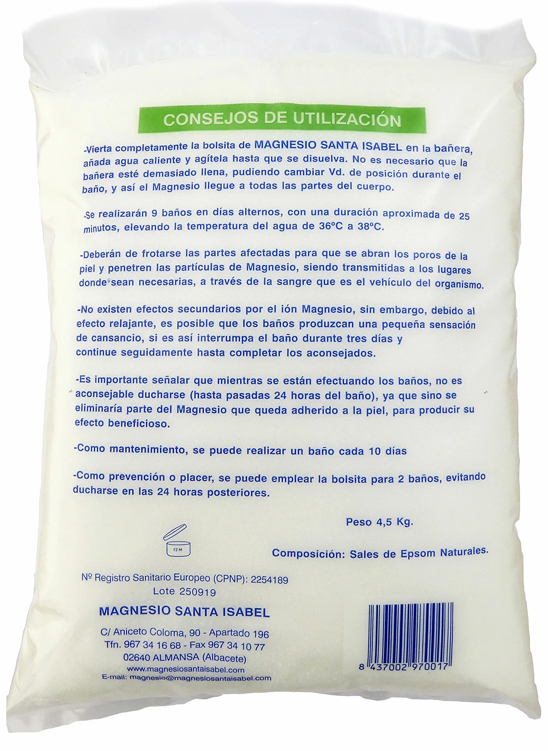 Sól Epsom 4,5 kg 100% czyste sole magnezowe Santa Isabel