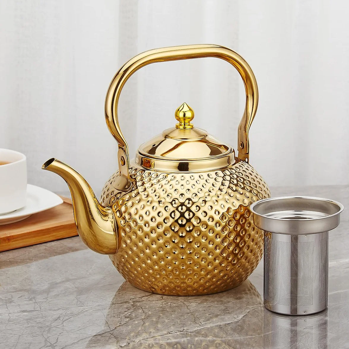 SANQIAHOME1,5 l dzbanek do herbaty ze stali nierdzewne,z wyjmowanym zaparzaczem do herbaty, Imbryki, czajnik, złoty