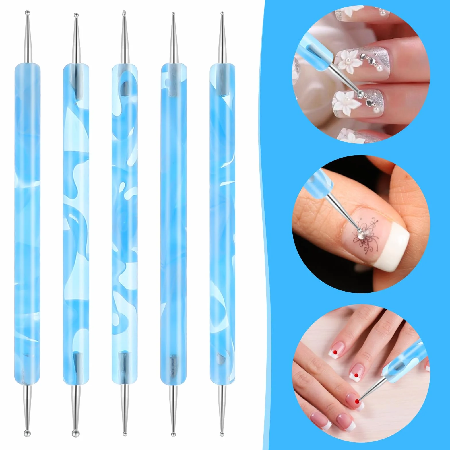 Zestaw 5 dwustronnych narzędzi do zdobienia paznokci, zestaw dwustronnych narzędzi do zdobienia paznokci, do manicure, kropki, do malowania żelowego lakieru, niebieski
