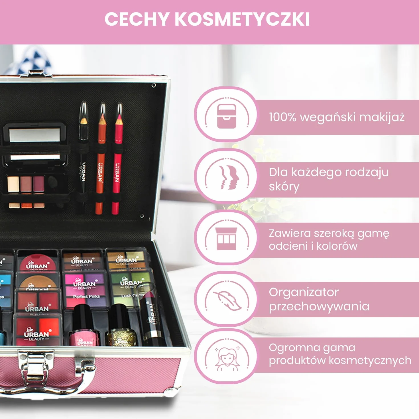 LOVE URBAN BEAUTY Wegański Gorący różowy kosmetyczka do makijażu 82-elementowy zestaw do makijażu dla nastolatków i kobiet z cieniami do powiek, różem