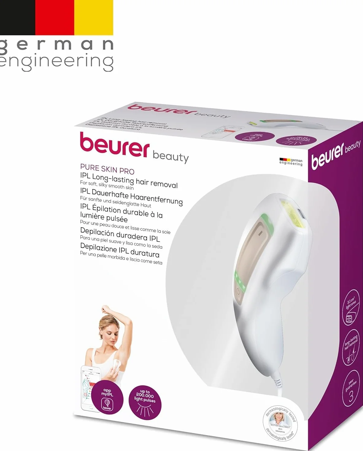Beurer IPL Pure Skin Pro urządzenie kompaktowe, trwałe usuwanie włosów z trybem Auto-Flash, testowane klinicznie