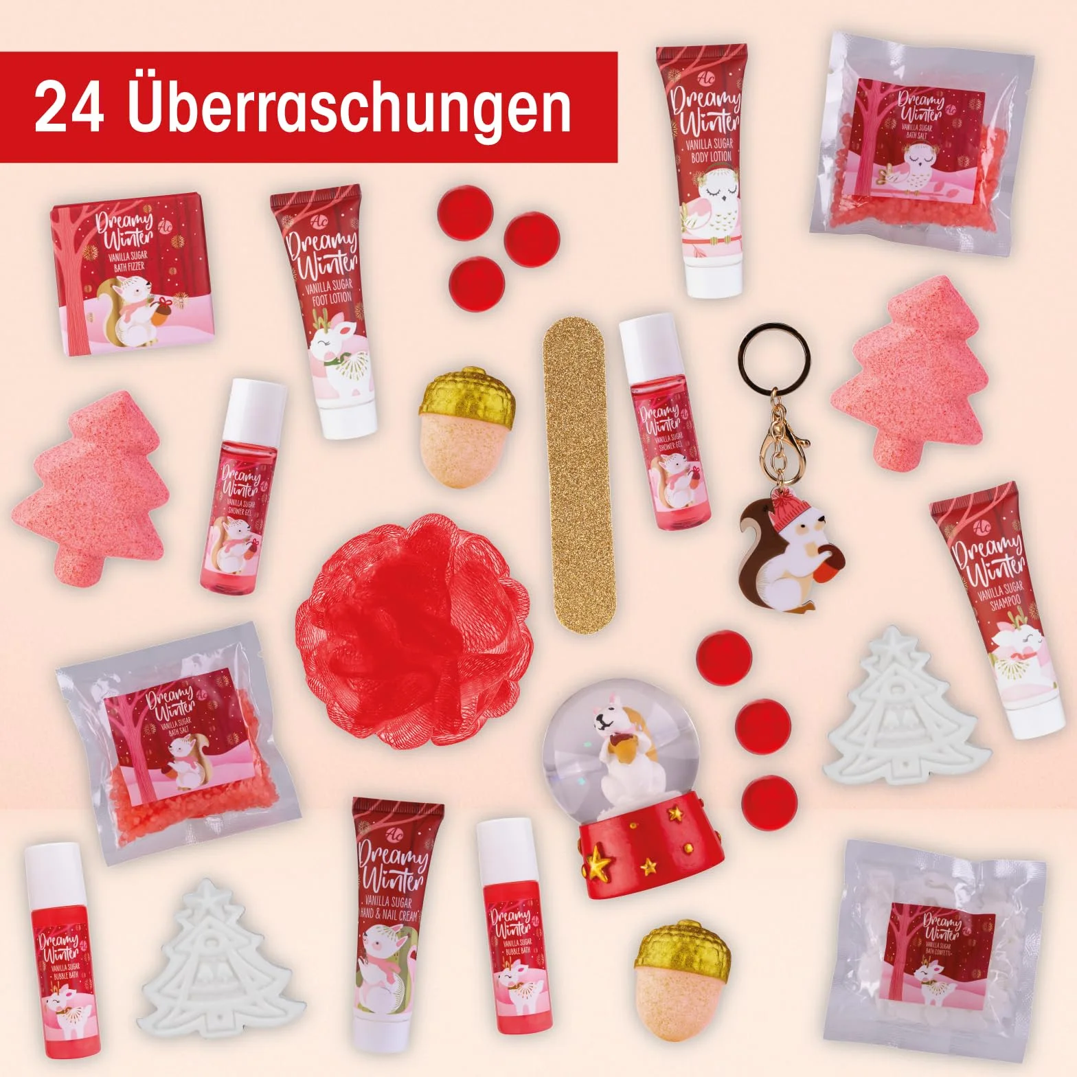 Accentra Kalendarz adwentowy z 24 produktami do pielęgnacji – kalendarz adwentowy Beauty z balsamem do ciała, kulkami kąpielowymi, żelem pod prysznic, szamponem, balsamem do ust, kremem do rąk