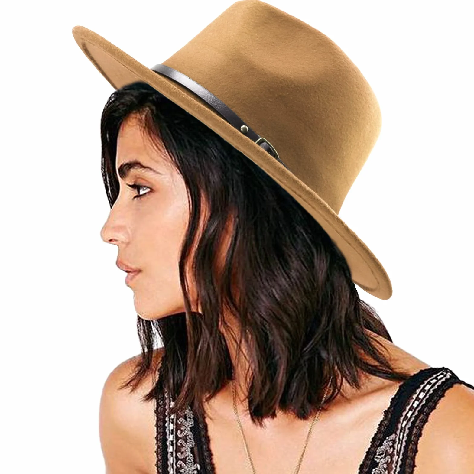 DRESHOW Kapelusz z Szerokim Rondem Fedora dla Kobiet Zapięcie na Pasek Retro Panama Floppy Hat