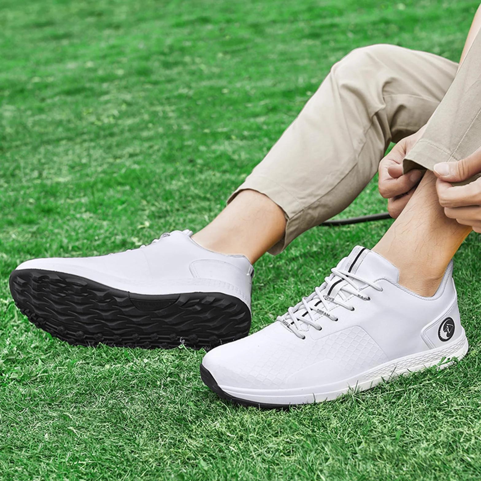 JiuQing Wodoodporne buty golfowe męskie skórzane buty do chodzenia bez kolców antypoślizgowe