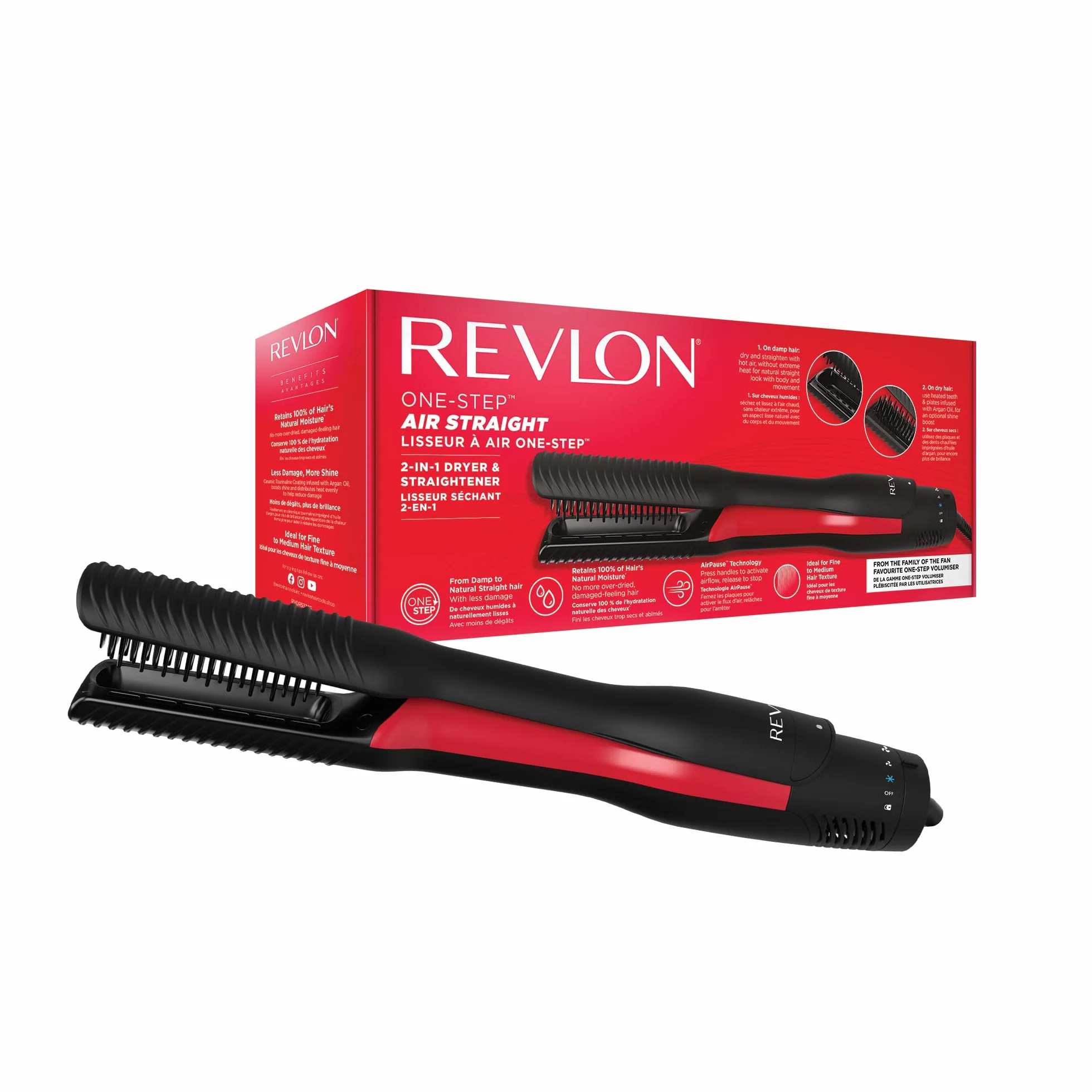 Revlon One-Step Air Straight 2-in-1 Dryer & Air Straightener | Dry & straighten with hot air without extreme heat, Optional Shine Boost with heated teeth & plates infused with Argan oil | RVDR5330UK