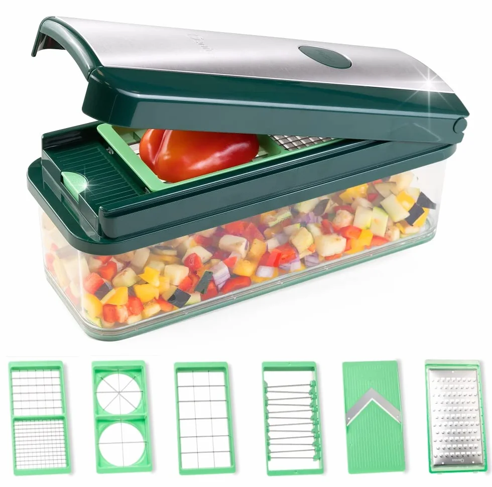 Genius Nicer Dicer Exclusive krajalnica do warzyw, 15-częściowa, krajalnica do pomidorów, zestaw 4 wkładów, tarka gruba i szatkownica + pojemnik na ścinki 2500 ml, zielona