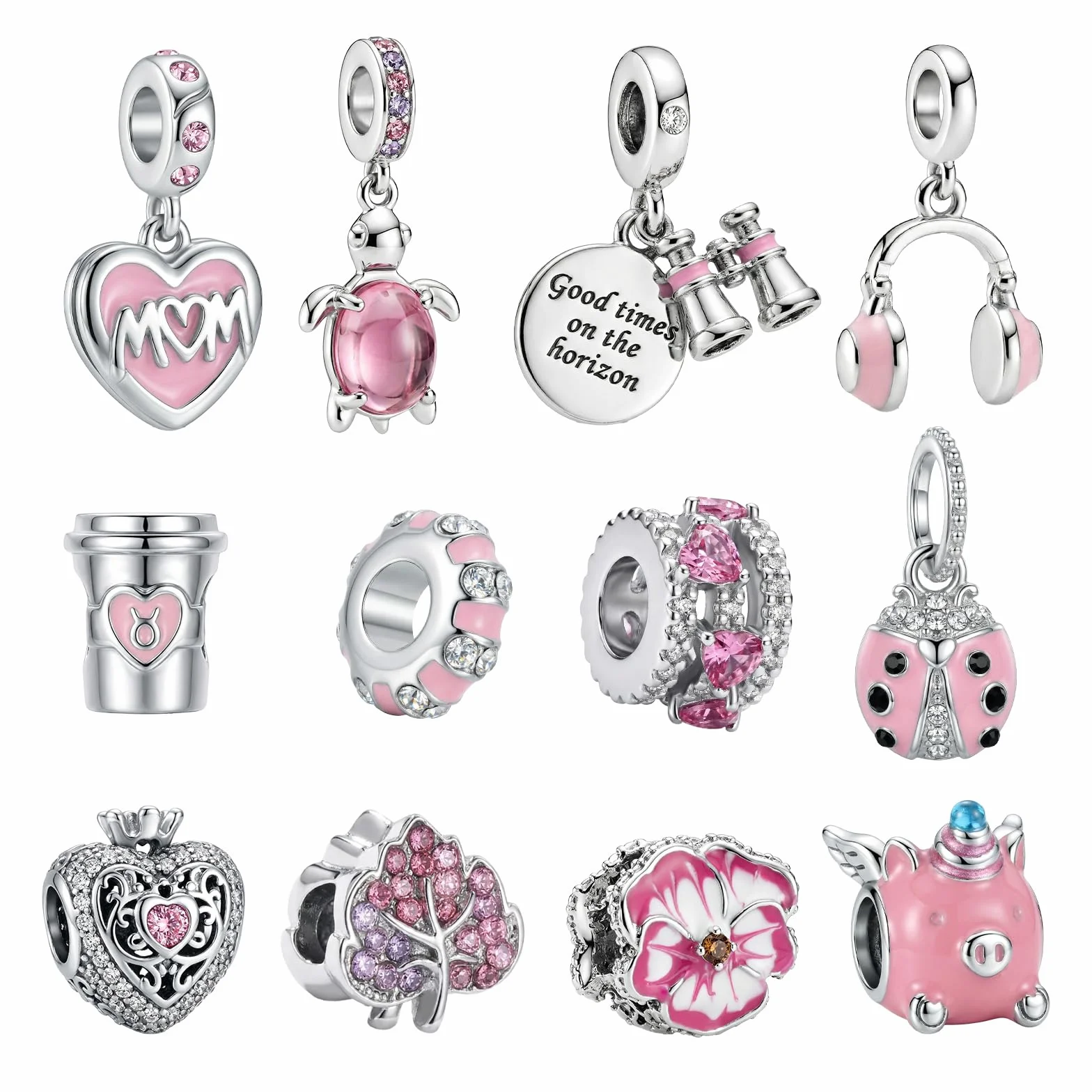 Zawieszki Charms do bransoletki Pandory: 12 sztuk charmsów i koralików dla kobiet, srebrna i różowa biżuteria, akcesoria Y2k dla mamy, córki, charmsy na 18. urodziny dziewczynki