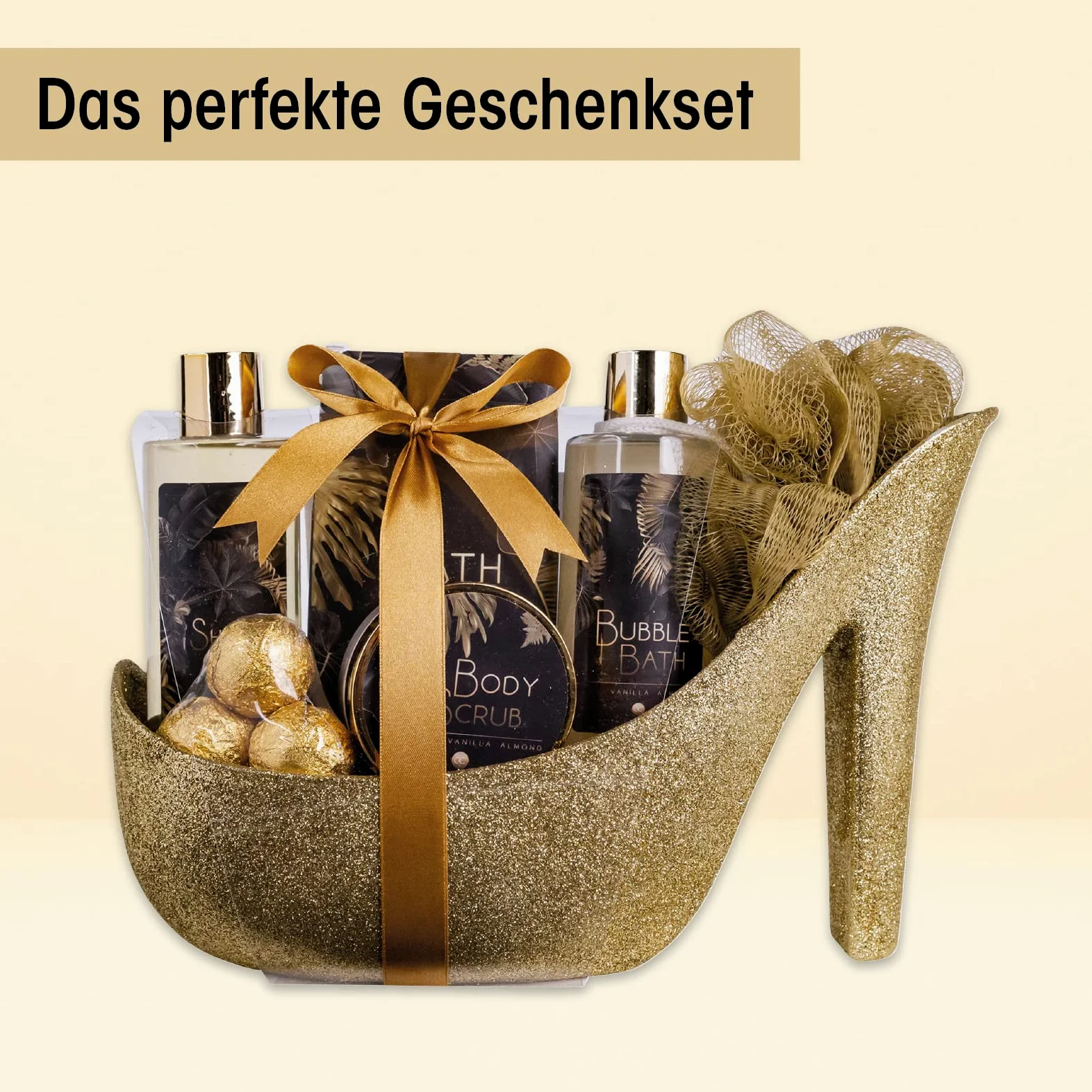 accentra Luxury Bath Set Gift Set w pięknych złotych brokatowych pompkach, 9-częściowy luksusowy zestaw pielęgnacyjny zestaw pod prysznic - dla relaksującego doświadczenia SPA