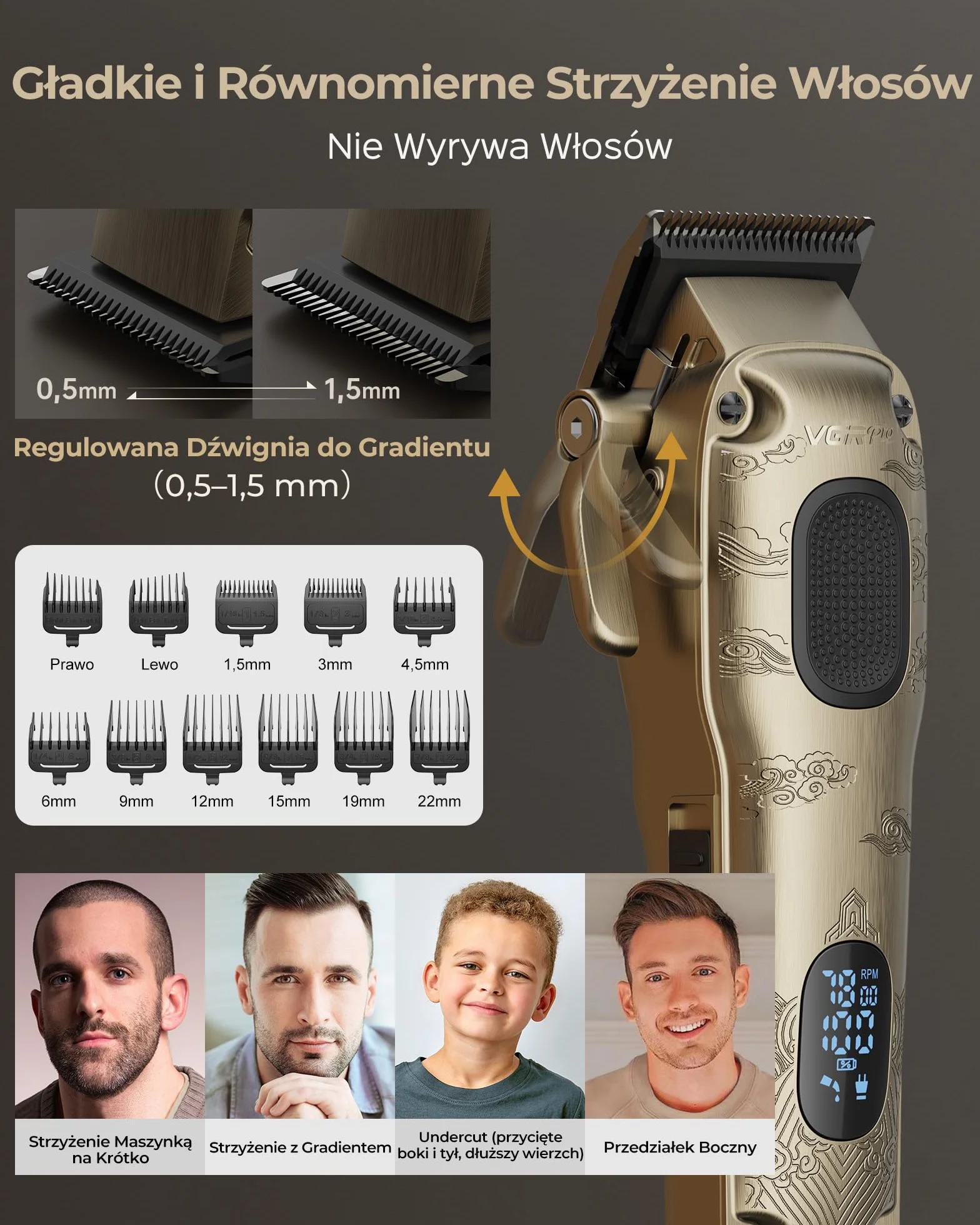 VGRPRO Maszynka do strzyżenia włosów dla mężczyzn Trymer Wodoodporna golarka foliowa Bezprzewodowa 4 ustawienia prędkości Wyświetlacz LED Złoty