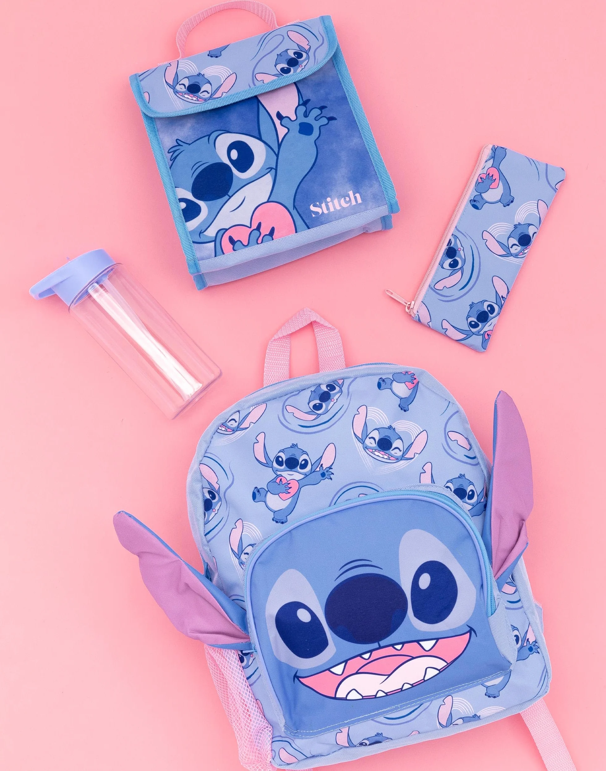 Disney Lilo and Stitch 4-częściowy plecak dziewczyny | Dzieci Chłopcy Obcy Postać 3D Uszy Plecak Torba na lunch Piórnik I Butelka z wodą | Powrót do tornistra Prezenty