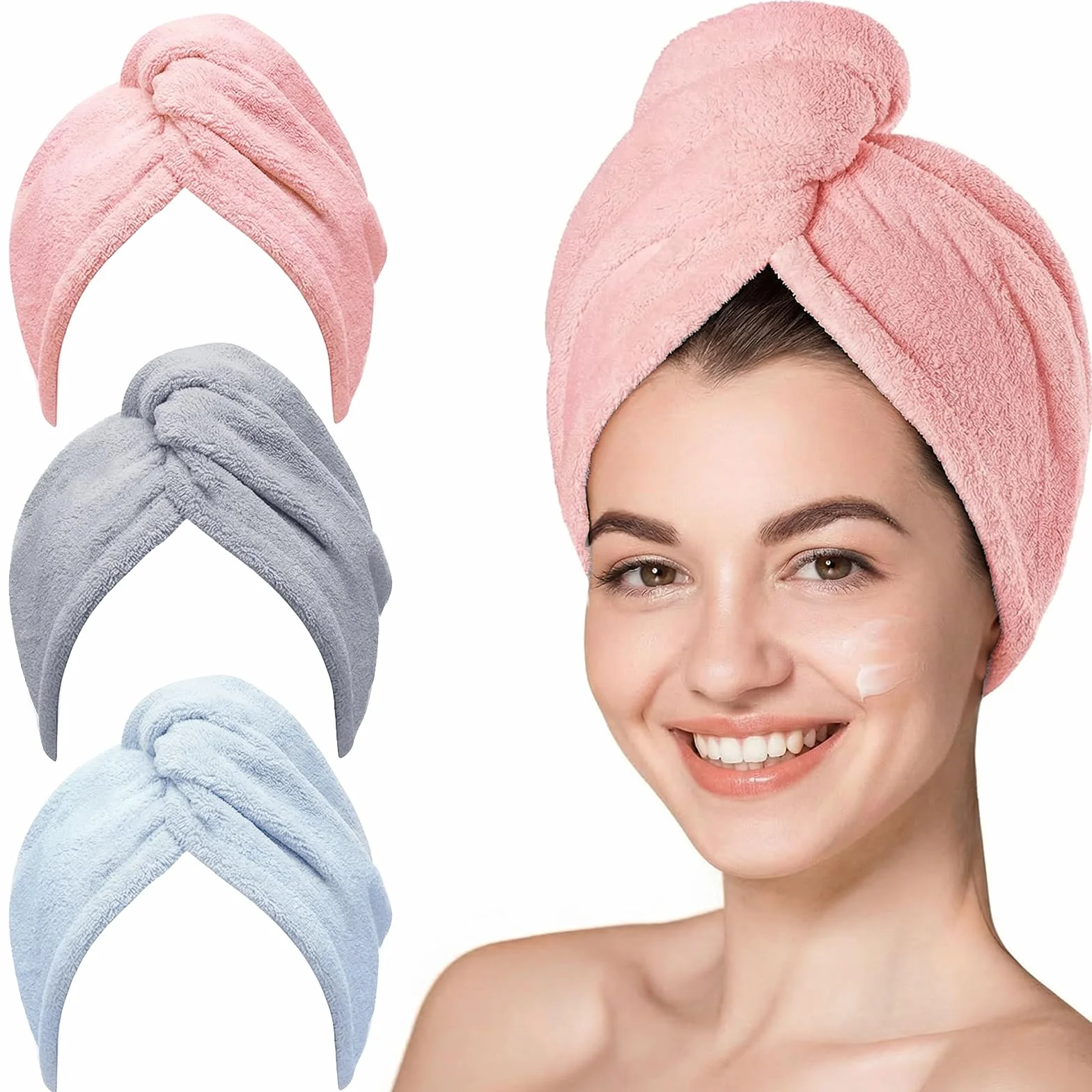 KU 3 sztuki ręczników z mikrofibry, turban, ręcznik do włosów z guzikiem, super chłonny, szybkoschnący, do spania, odpowiedni dla kobiet i dzieci, długie, krótkie, kręcone włosy (szary, różowy