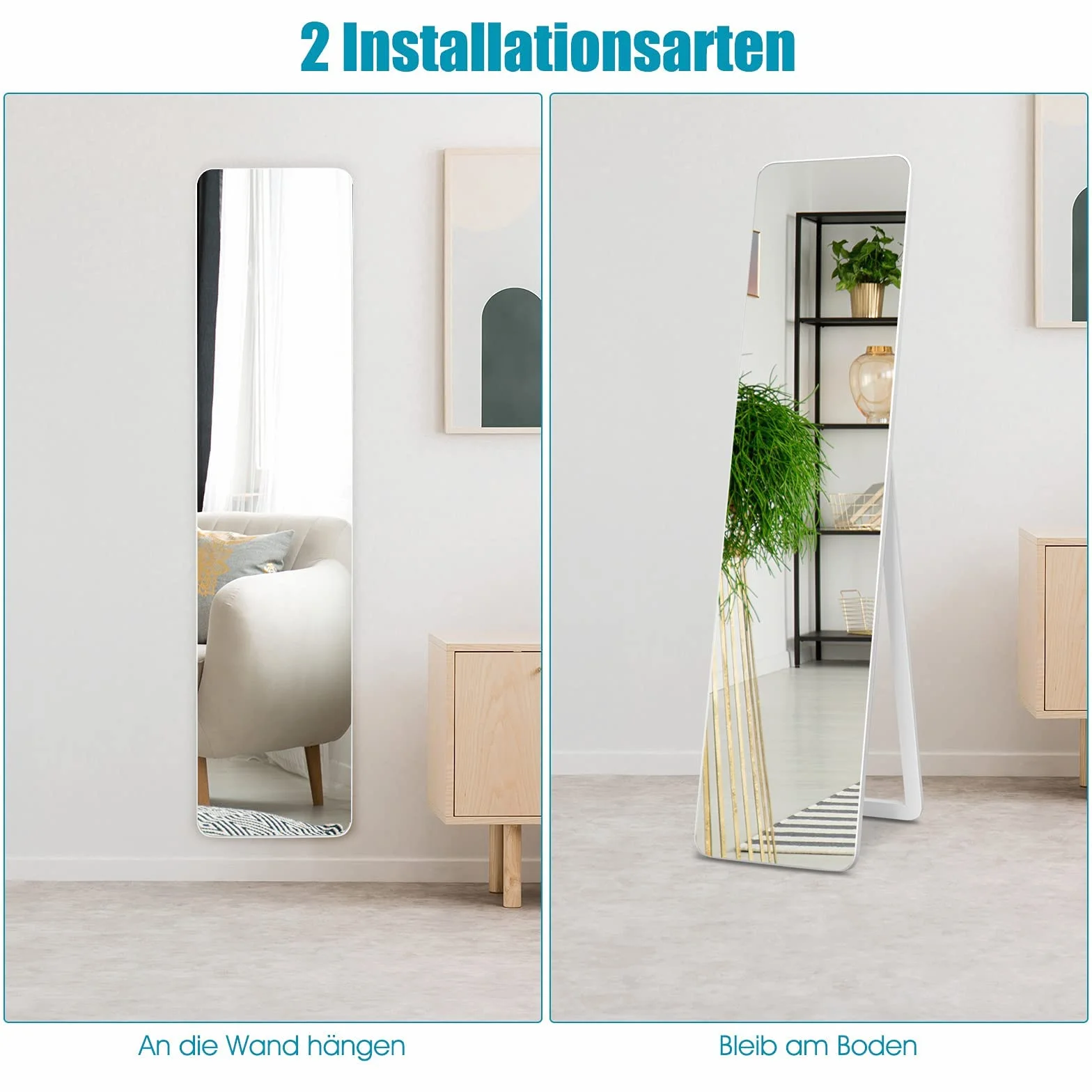 GOPLUS 2 w 1 Lustro Obejmujące Całą Sylwetkę, Duże Lustro Stojące 155 cm × 37 cm z Ramą z Litego Drewna & Haczykami, HD Lustro Ścienne z Ochroną Przed Rozbiciem, Lustro Stojące do Drzwi, Salonu