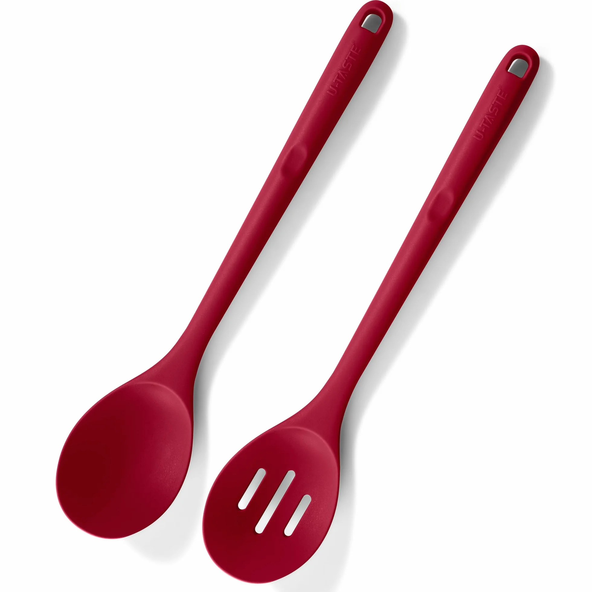 U-Taste 33,9 cm Bardzo Długa Łyżka Silikonowa: łyżka do gotowania odporna na ciepło 315 ℃, solidna i cedzakowa łyżka z powłoką nieprzywierającą do serwowania, mieszania (Czerwony, 2 sztuki)