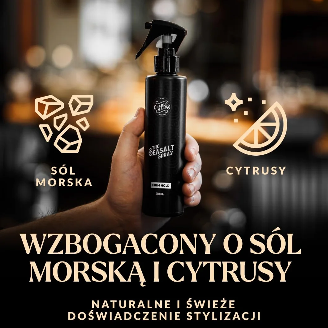 Charlemagne Spray z solą morską dla mężczyzn, spray do włosów o objętości i falowane loki plażowe z ochroną cieplną, matowe wykończenie, wyprodukowano w Niemczech, 200 ml (1 szt., mocne trzymanie)