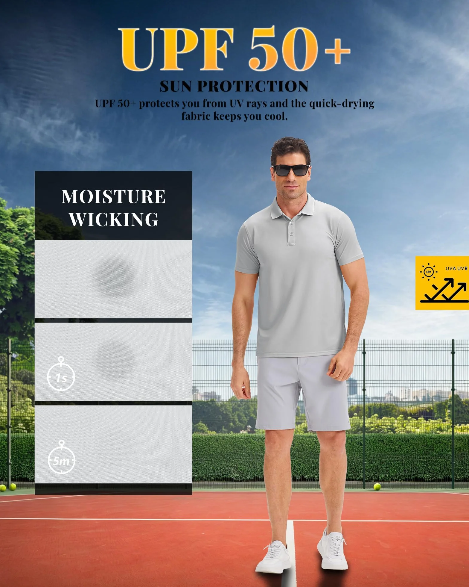 33,000ft Męska koszulka polo, koszulka golfowa UPF50+, ochrona przed słońcem, letnia koszulka z krótkim rękawem, szybkoschnąca, koszulka sportowa, jednokolorowa koszulka polo dla mężczyzn do gry w