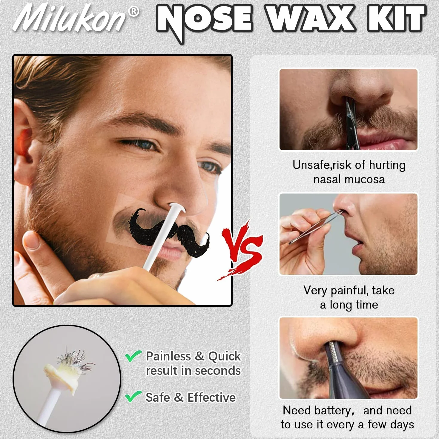 Nose Wax Kit zestaw do usuwania włosów z nosa dla mężczyzn i kobiet, 100 g, wosk do włosów w nosie, 20 bezpiecznych aplikatorów, 10 pojemników i 10 szablonów do wąsów, bezpieczny, prosty, szybki