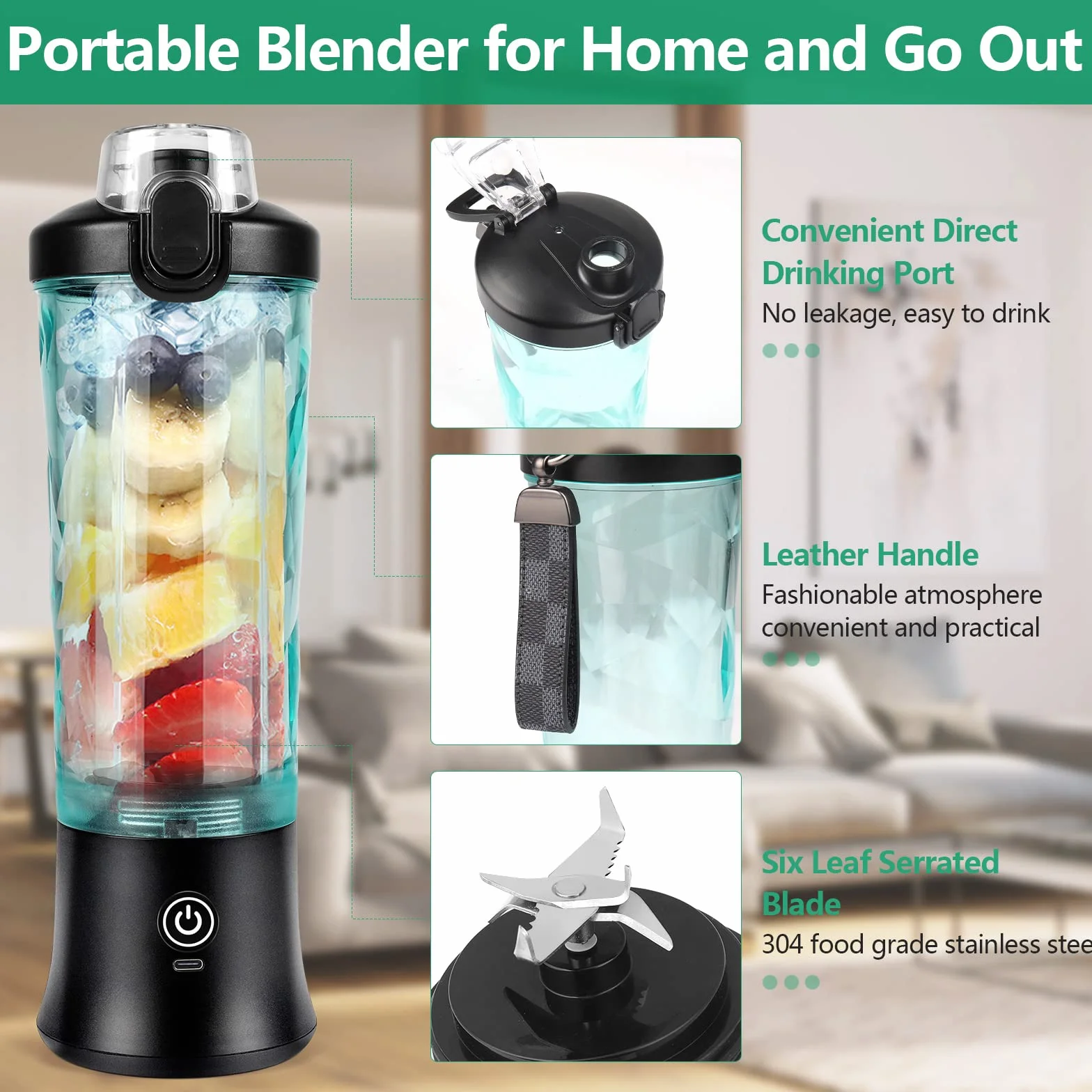 Dreamhigh® Blender Smoothie Maker, przenośny blender 600 ml do koktajli i koktajli z 6 ostrzami, mini blender 4000 mAh może wycisnąć 25 filiżanek soku do biura, na kemping i w podróż