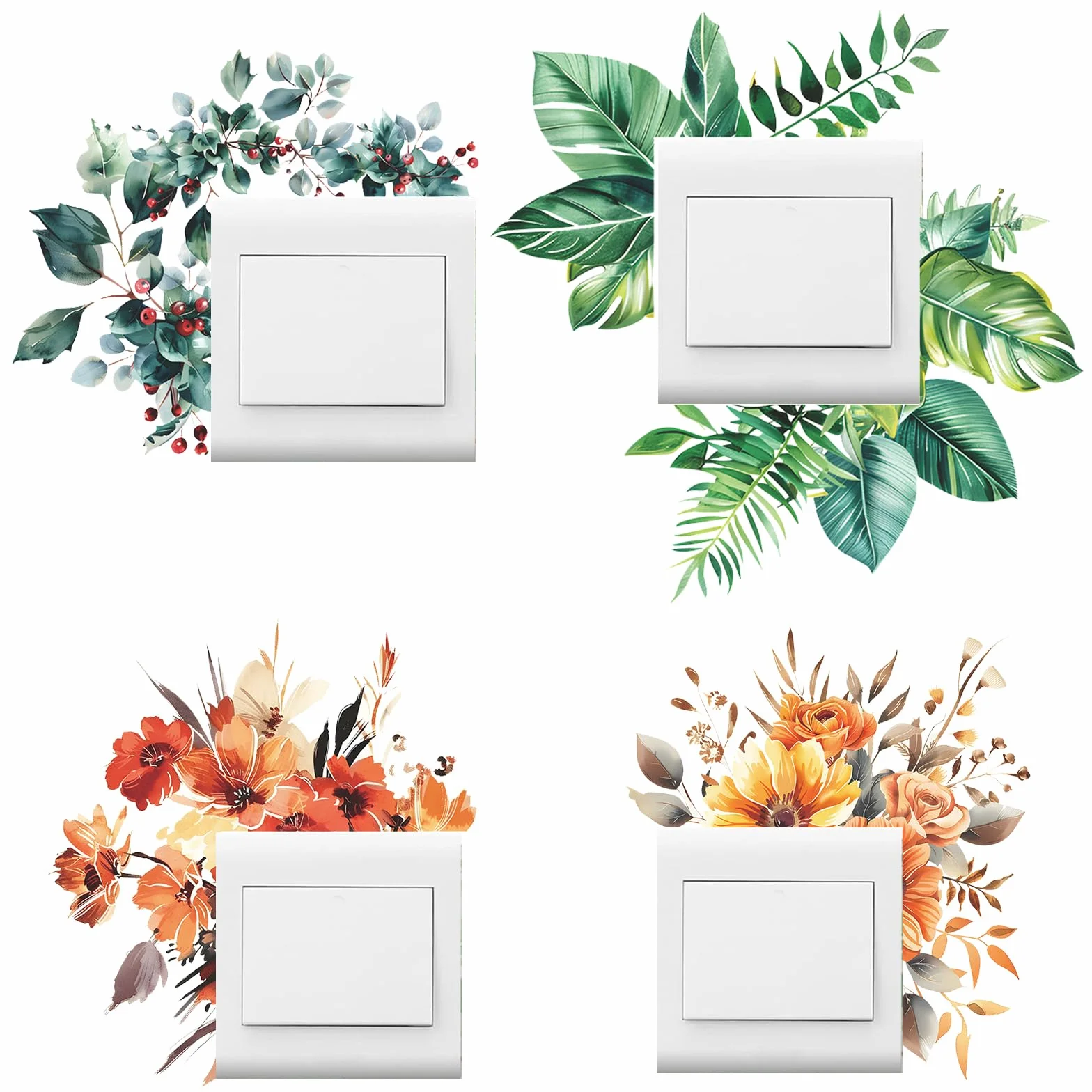 SwirlColor Naklejka na włącznik światła, 4 szt., cztery pory roku, rośliny, wodoodpornie, osłony włączników, dekoracja, naklejka na przełącznik ścienny, do salonu