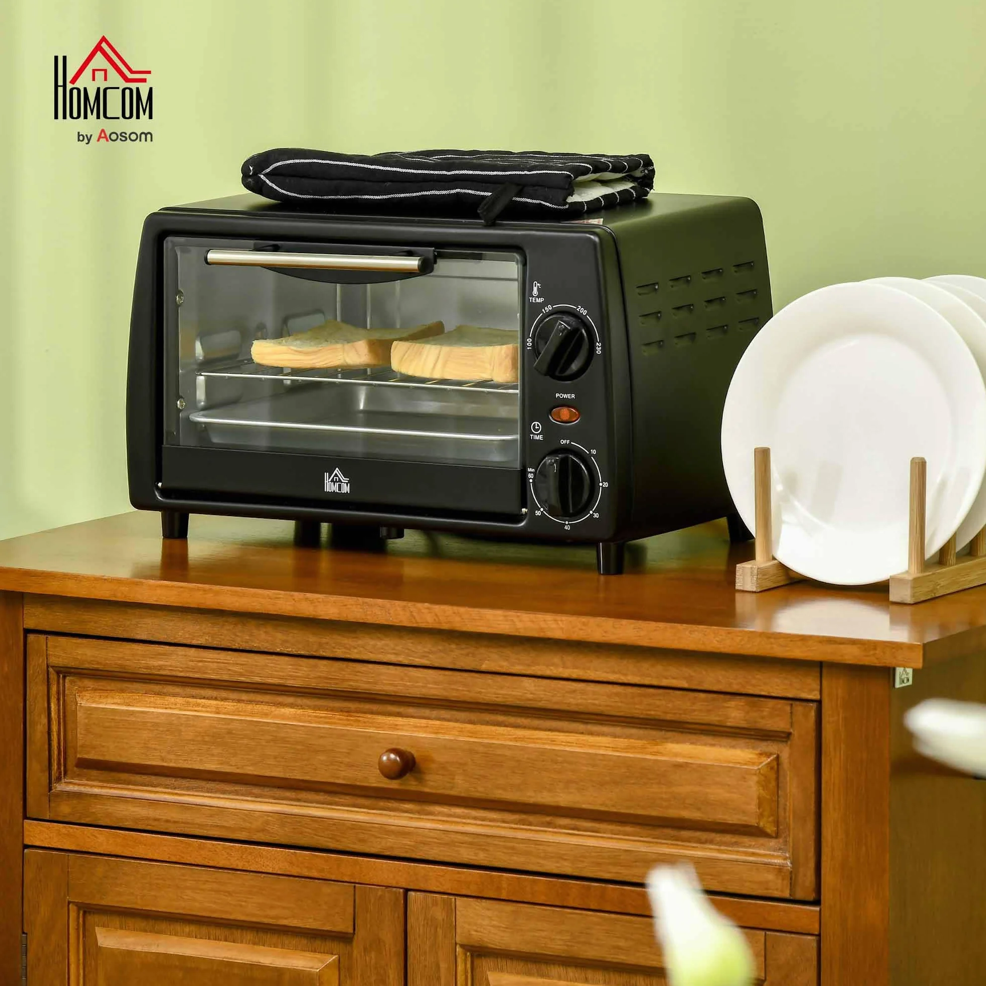 HOMCOM Mini piekarnik 10 l, 750 W, mały piekarnik elektryczny z temperaturą do 230°C, timer 60 minut, blacha do pieczenia i ruszt 36,5 x 26 x 22 cm, czarny